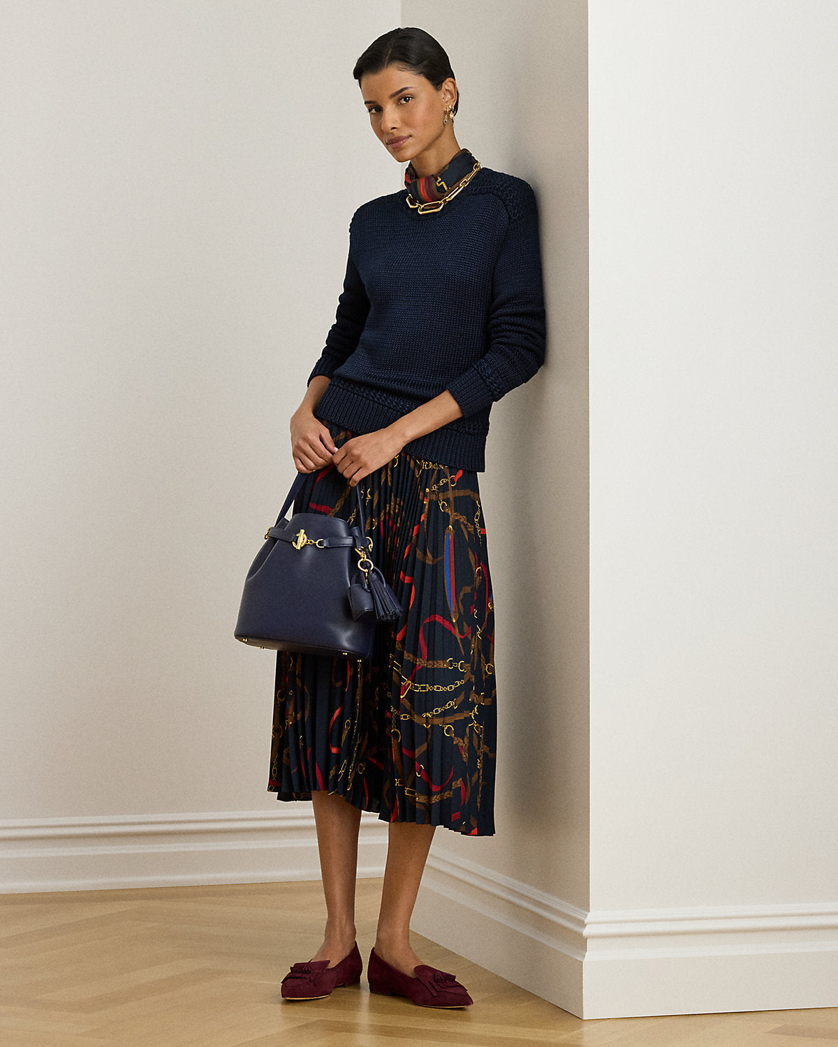 Ralph Lauren BeltingPrint Pleated Georgette Skirt