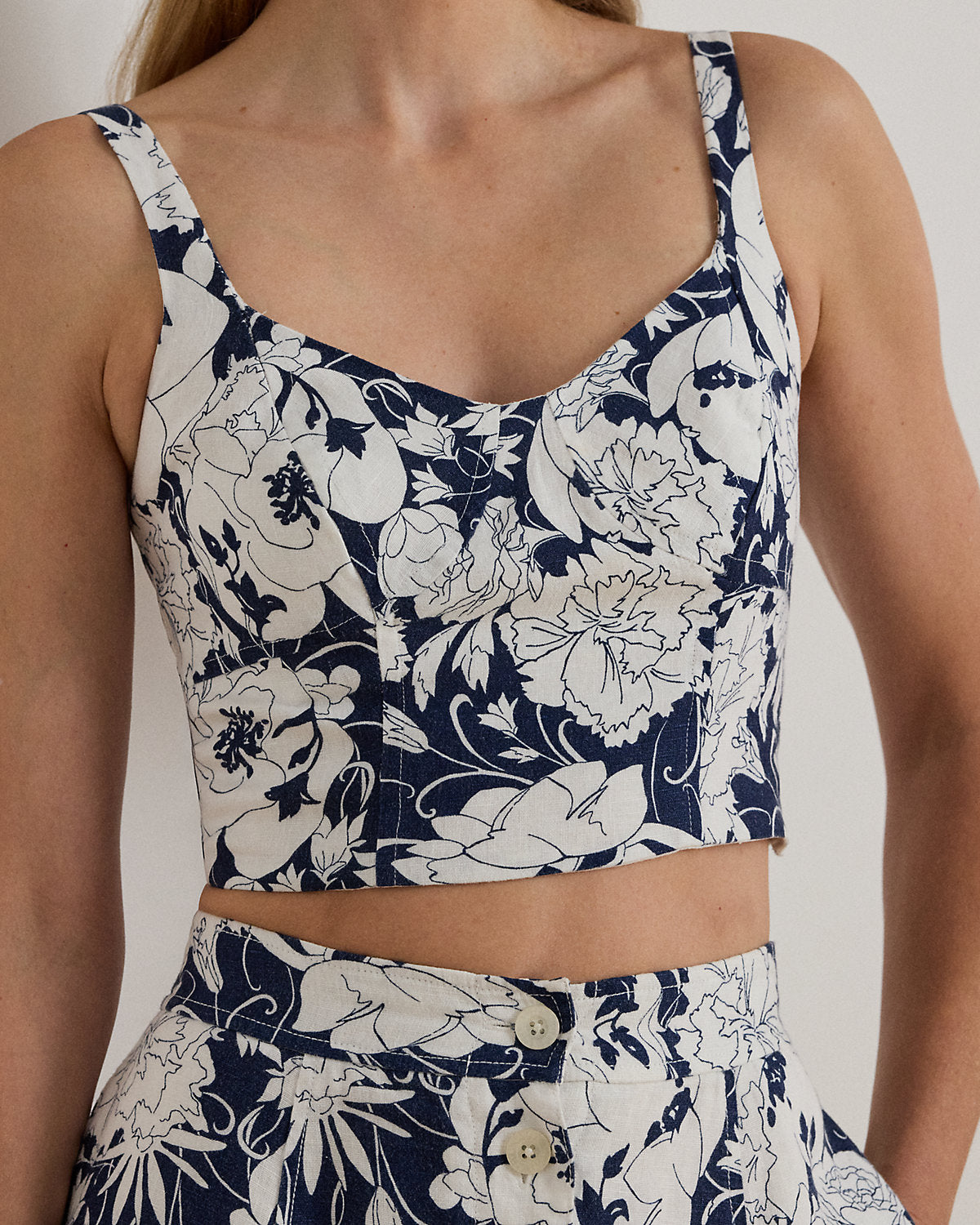 Ralph Lauren Floral Linen Cropped Bustier Blouse