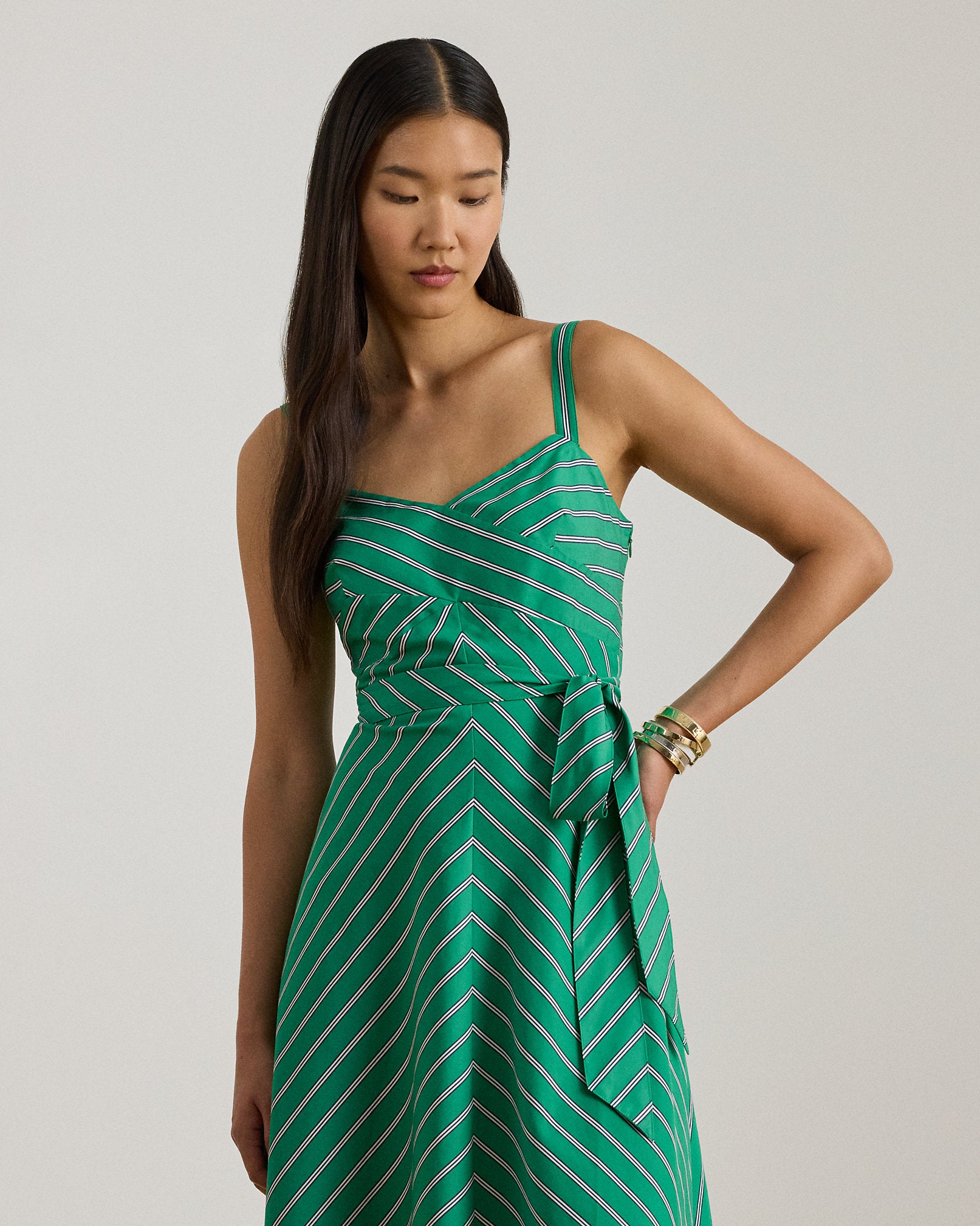 Ralph Lauren Striped Belted Cotton Sleeveless Dress