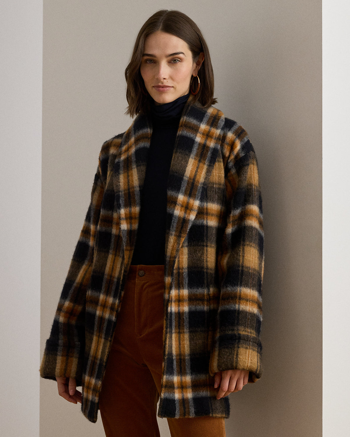 Ralph Lauren Plaid WoolBlend ShawlCollar Wrap Coat