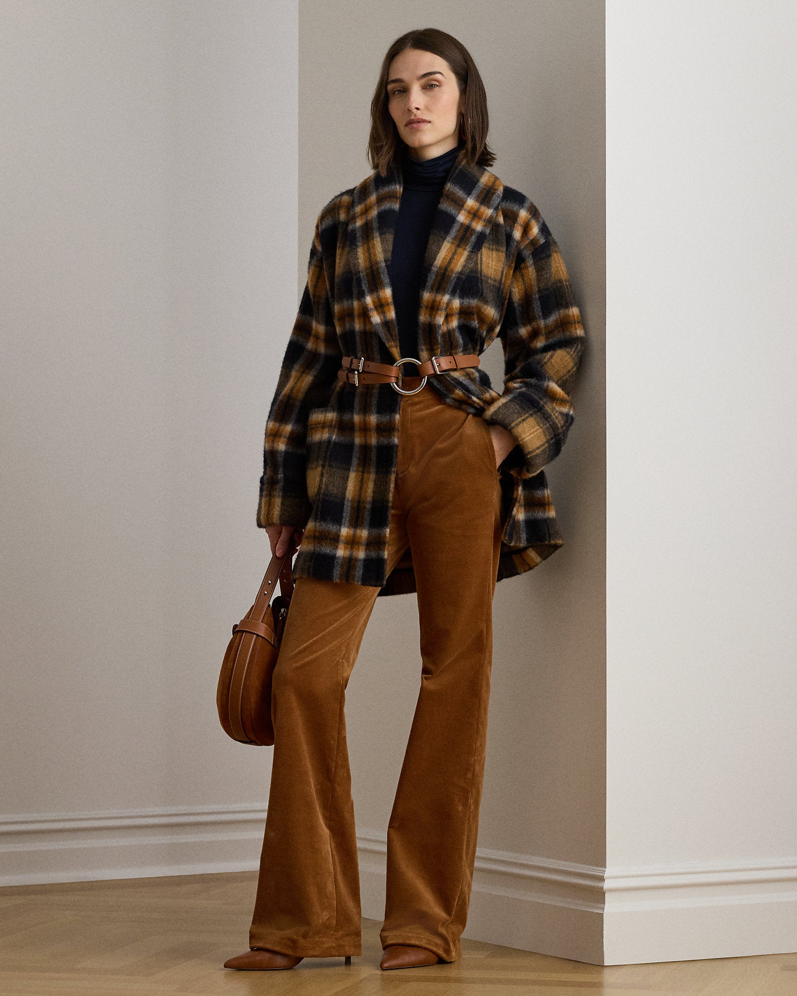 Ralph Lauren Plaid WoolBlend ShawlCollar Wrap Coat