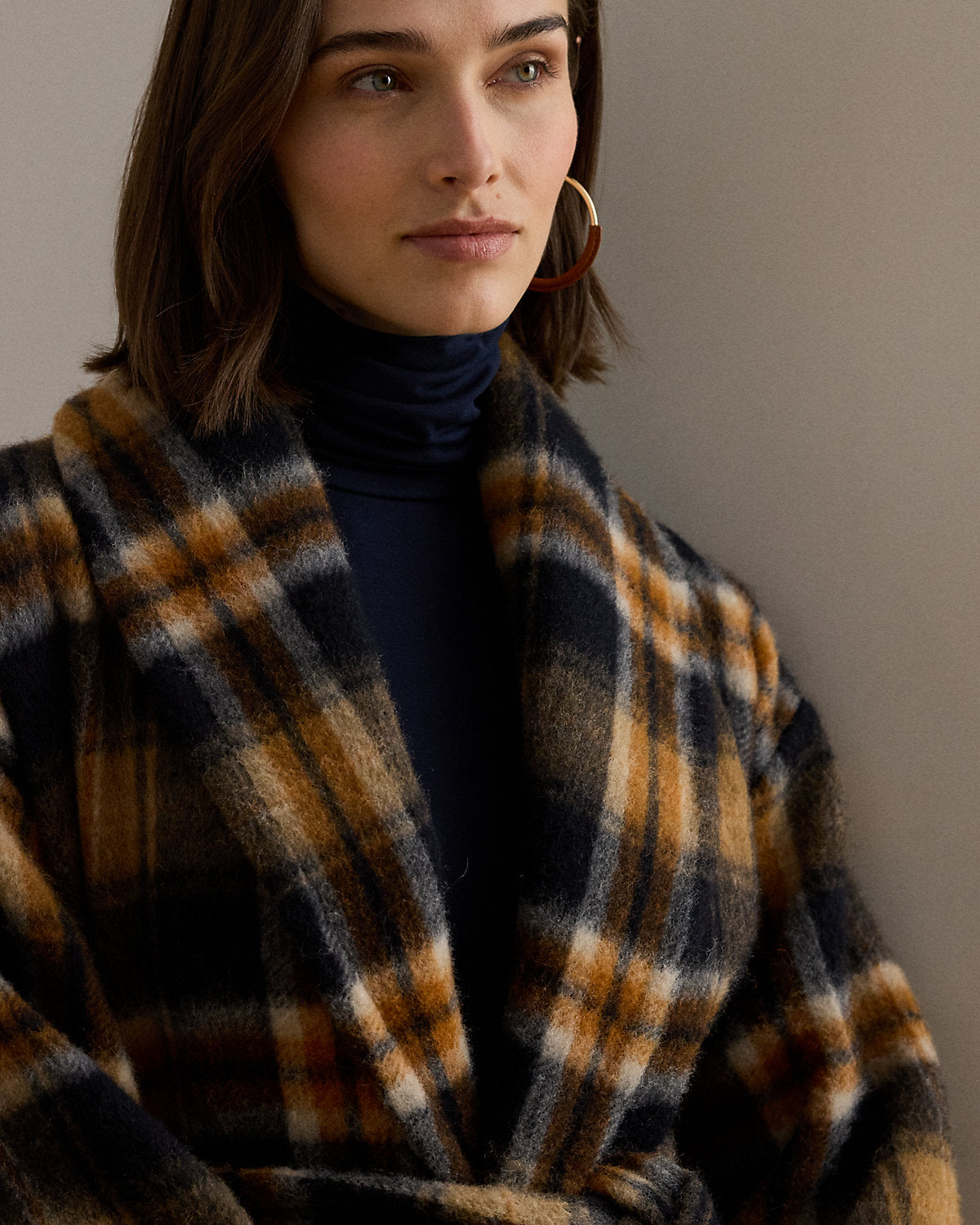 Ralph Lauren Plaid WoolBlend ShawlCollar Wrap Coat