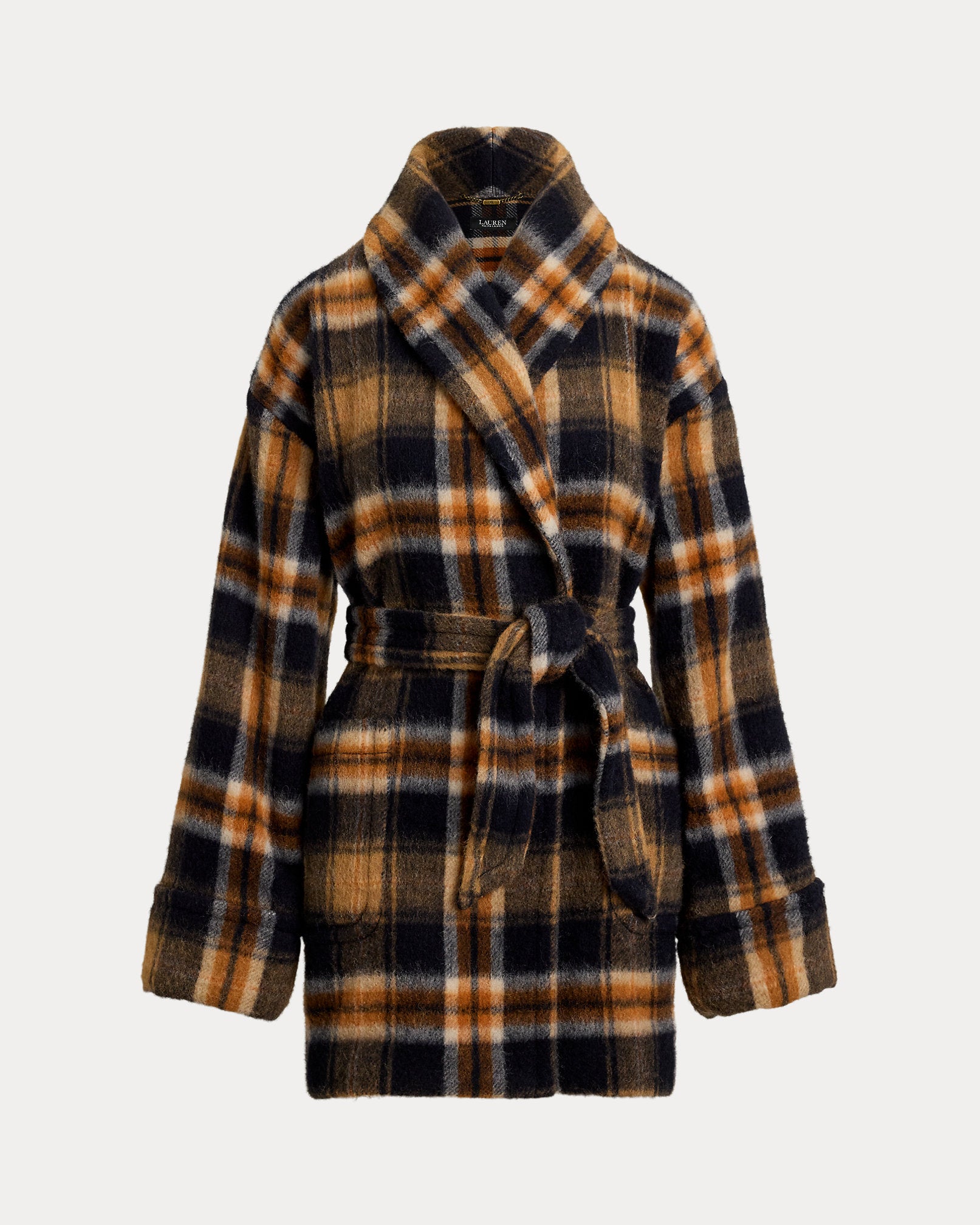 Ralph Lauren Plaid WoolBlend ShawlCollar Wrap Coat