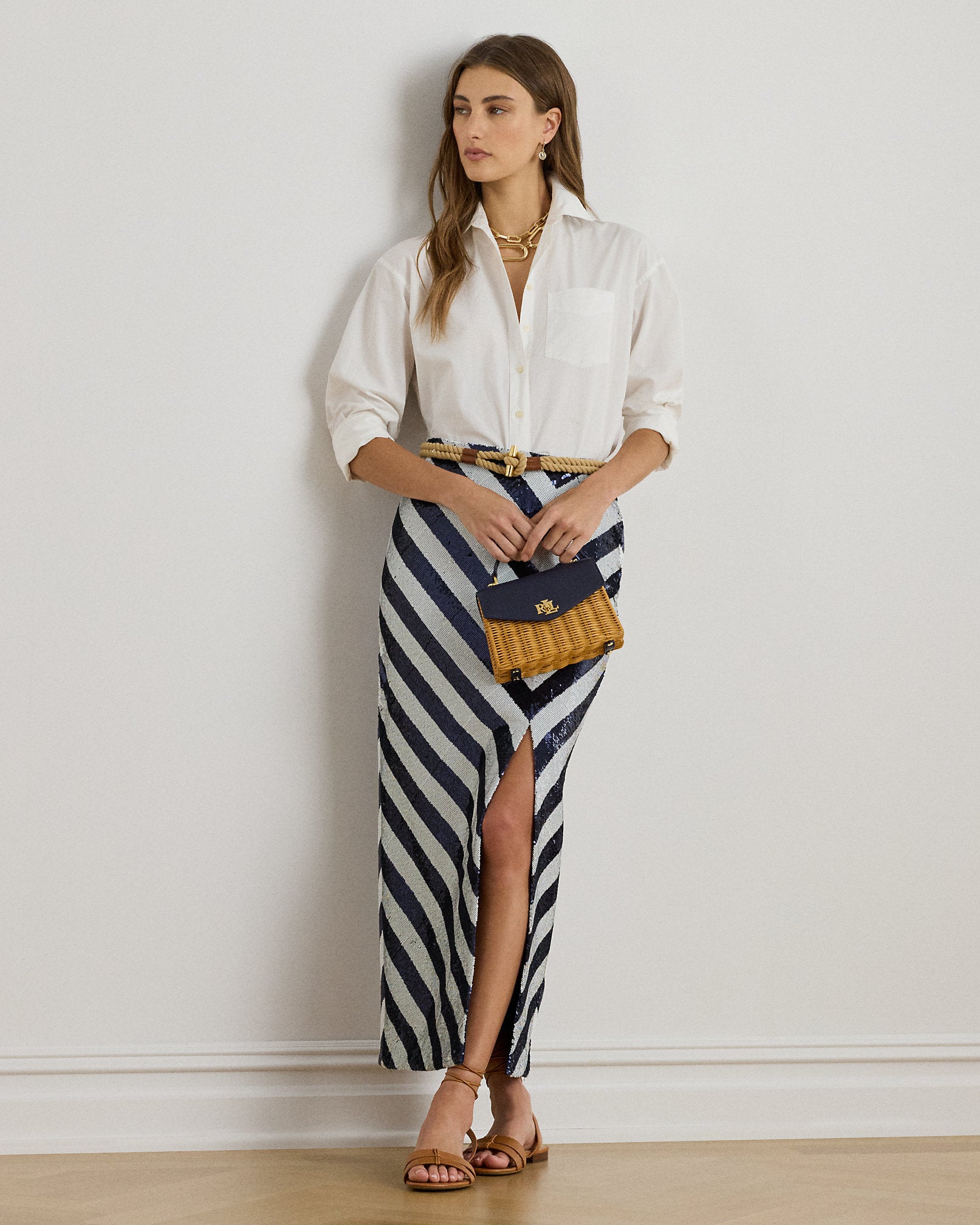 Ralph Lauren Striped Sequined Pencil Midi Skirt