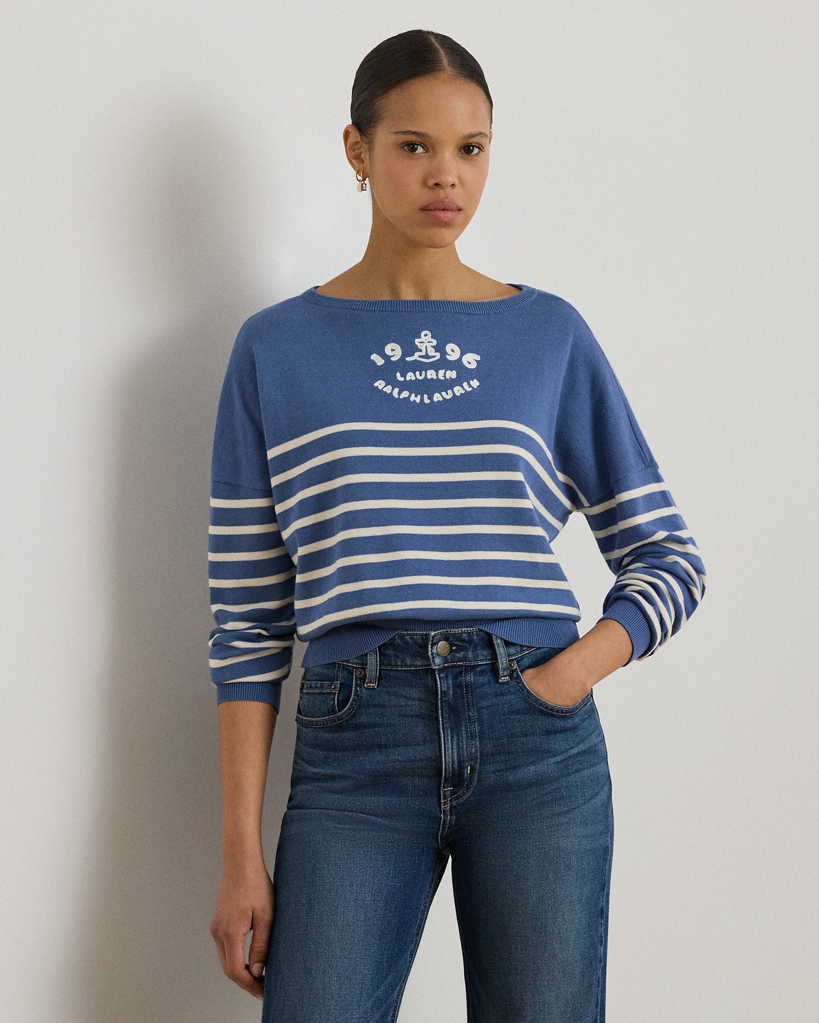 Ralph Lauren Logo Striped Cotton Boatneck Sweater