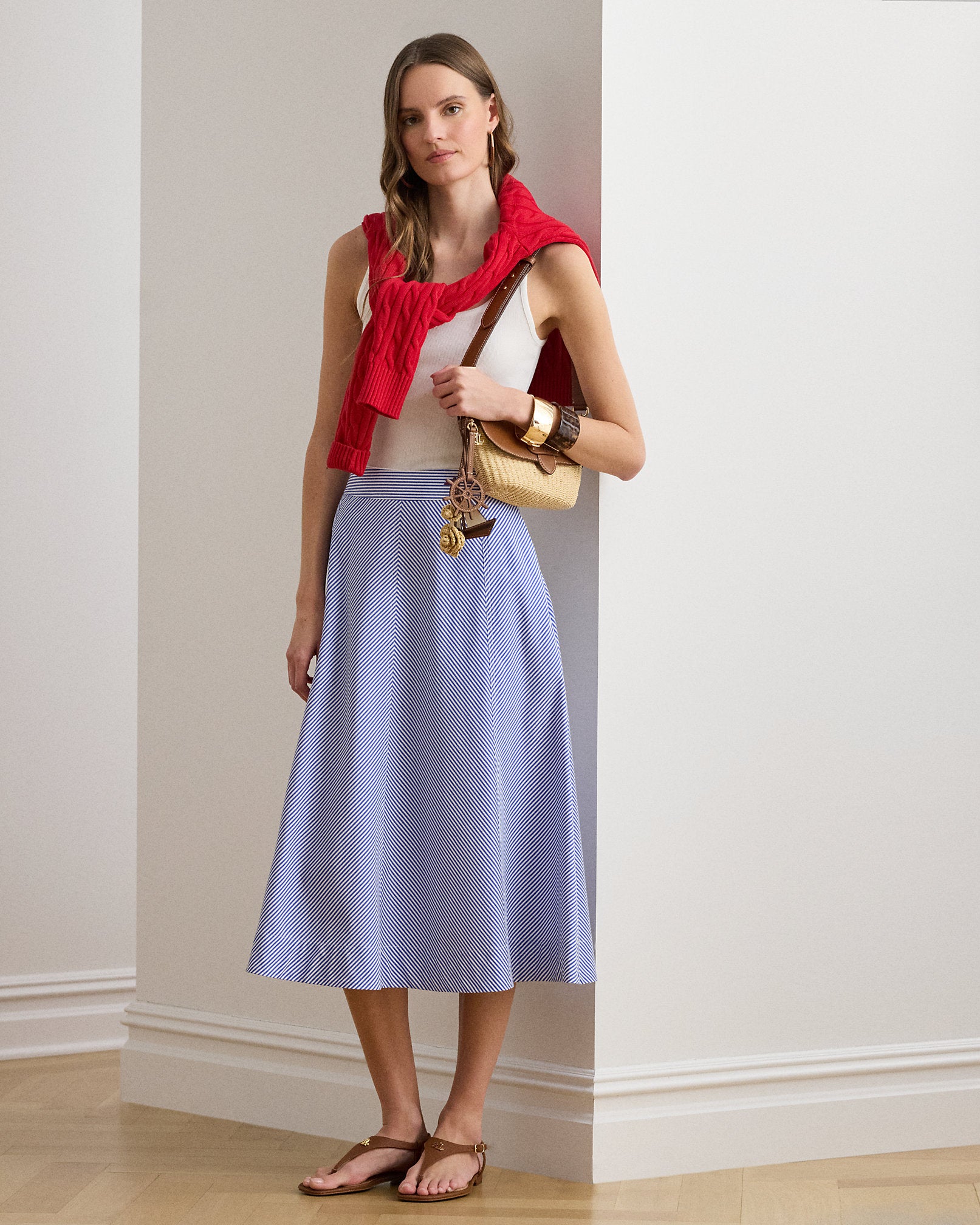 Ralph Lauren Striped Paneled Cotton Broadcloth Skirt
