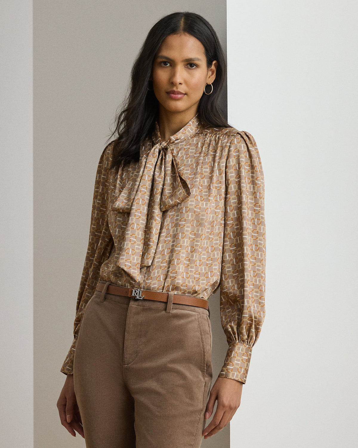 Ralph Lauren GeoPrint Twill TieNeck Blouse