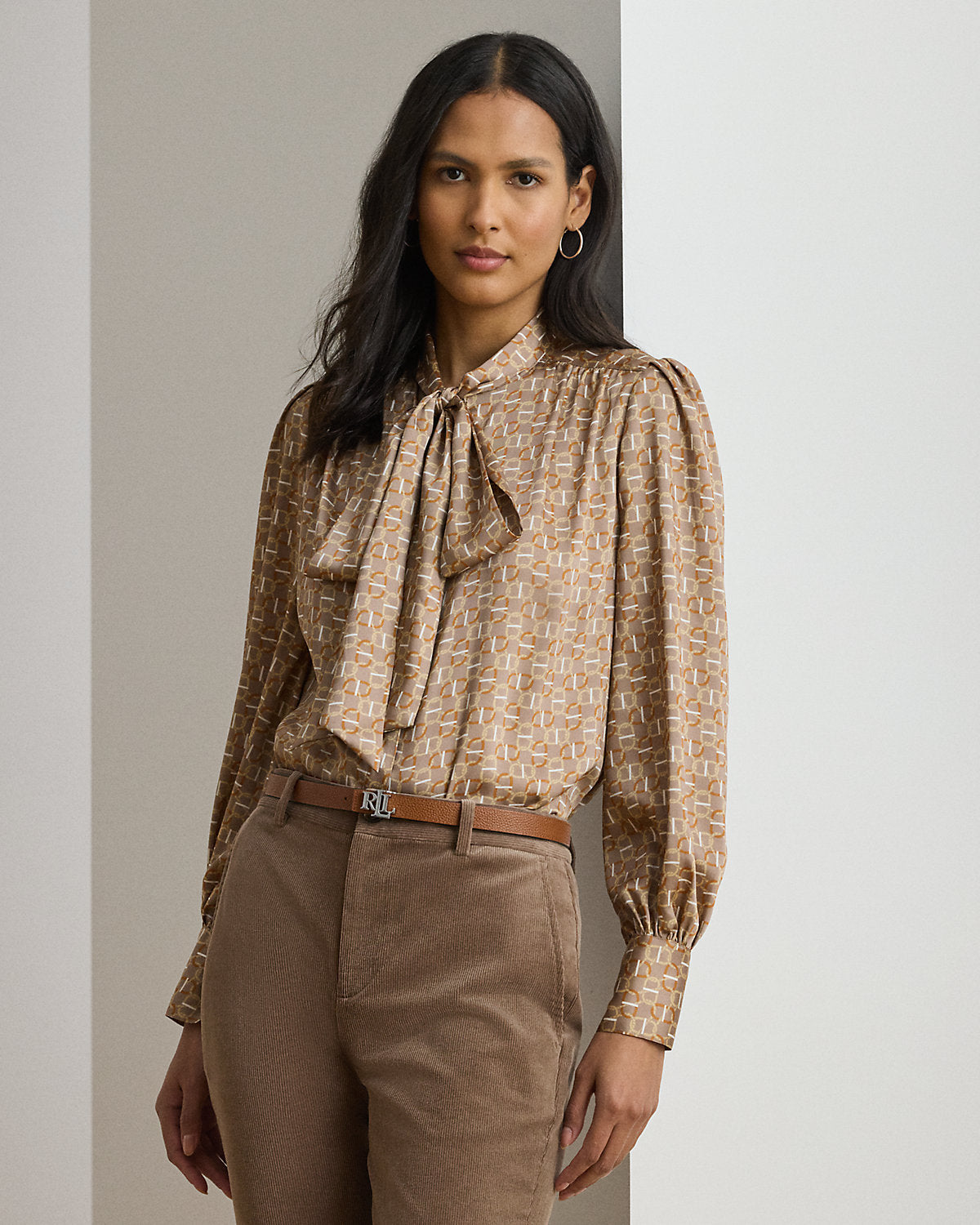 Ralph Lauren GeoPrint Twill TieNeck Blouse