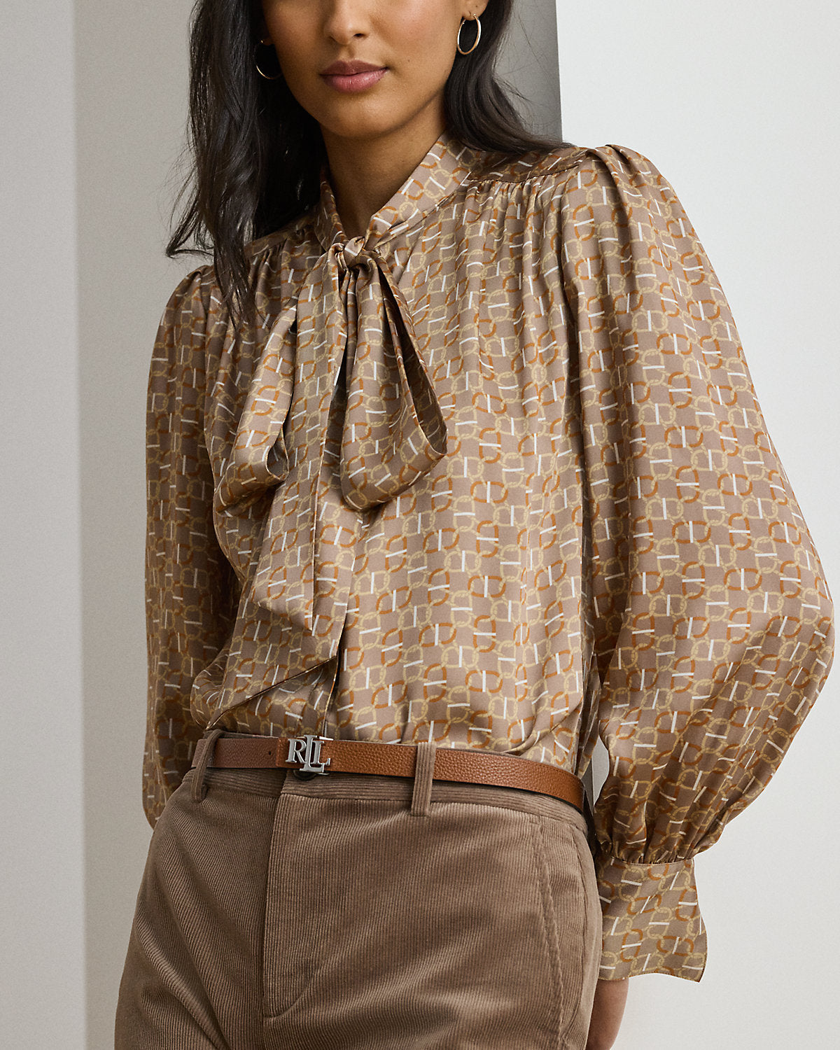 Ralph Lauren GeoPrint Twill TieNeck Blouse