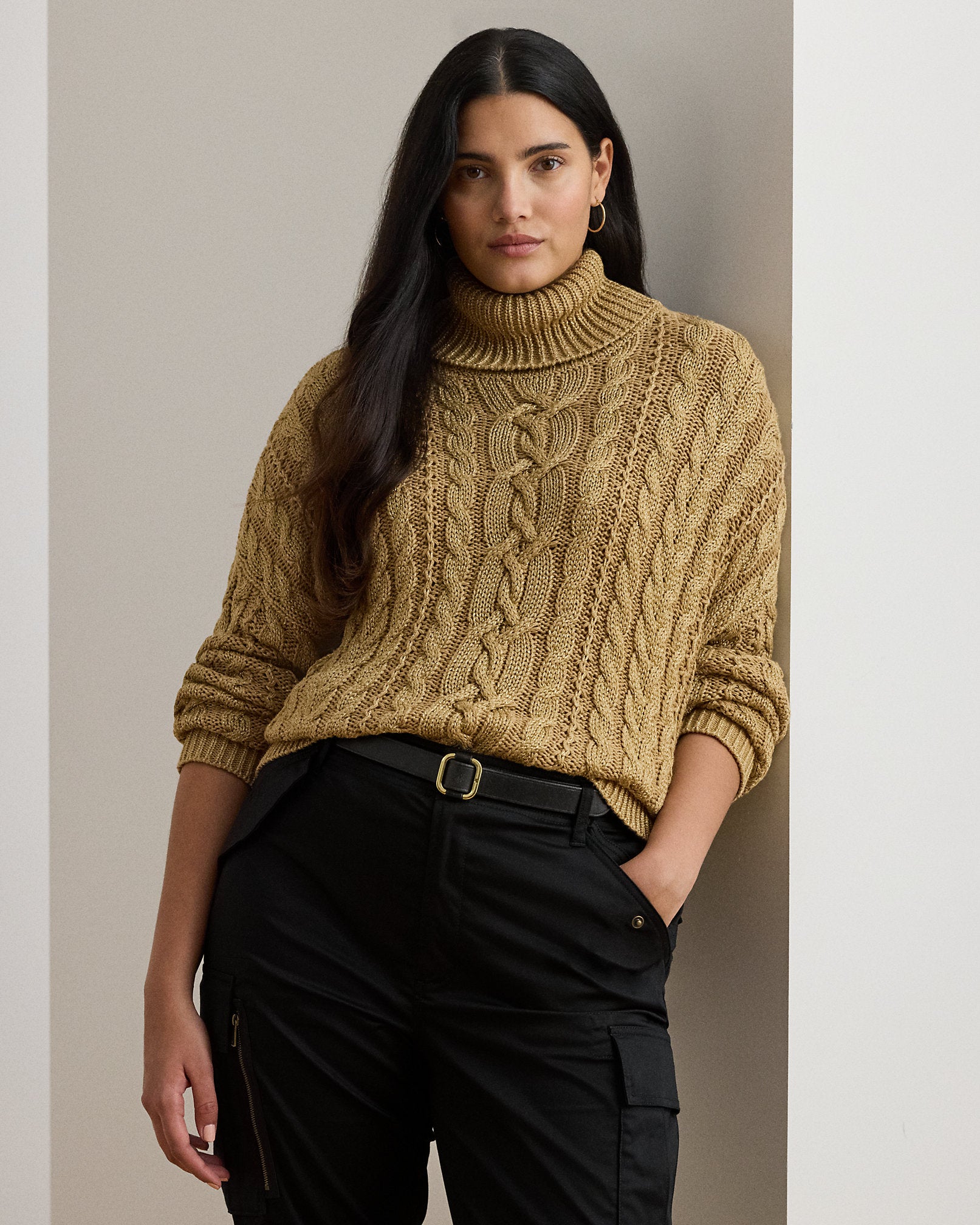 Ralph Lauren Metallic CableKnit Turtleneck Sweater