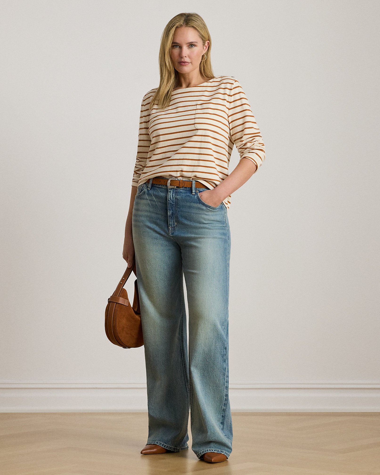 Ralph Lauren Striped Jersey SnapTrim Boatneck Top