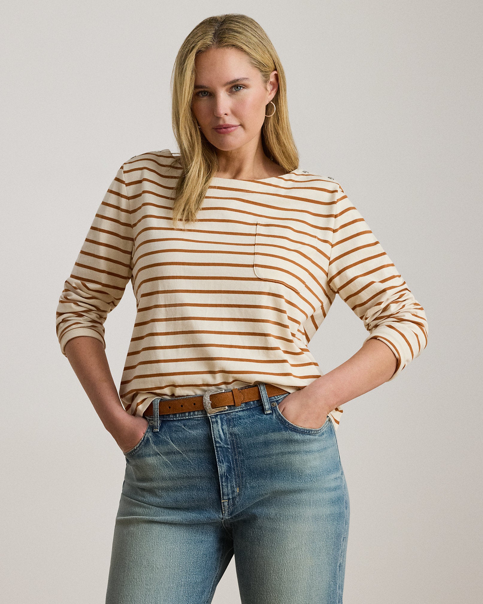 Ralph Lauren Striped Jersey SnapTrim Boatneck Top