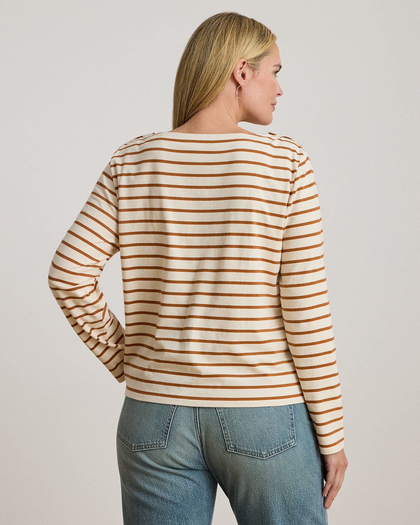 Ralph Lauren Striped Jersey SnapTrim Boatneck Top