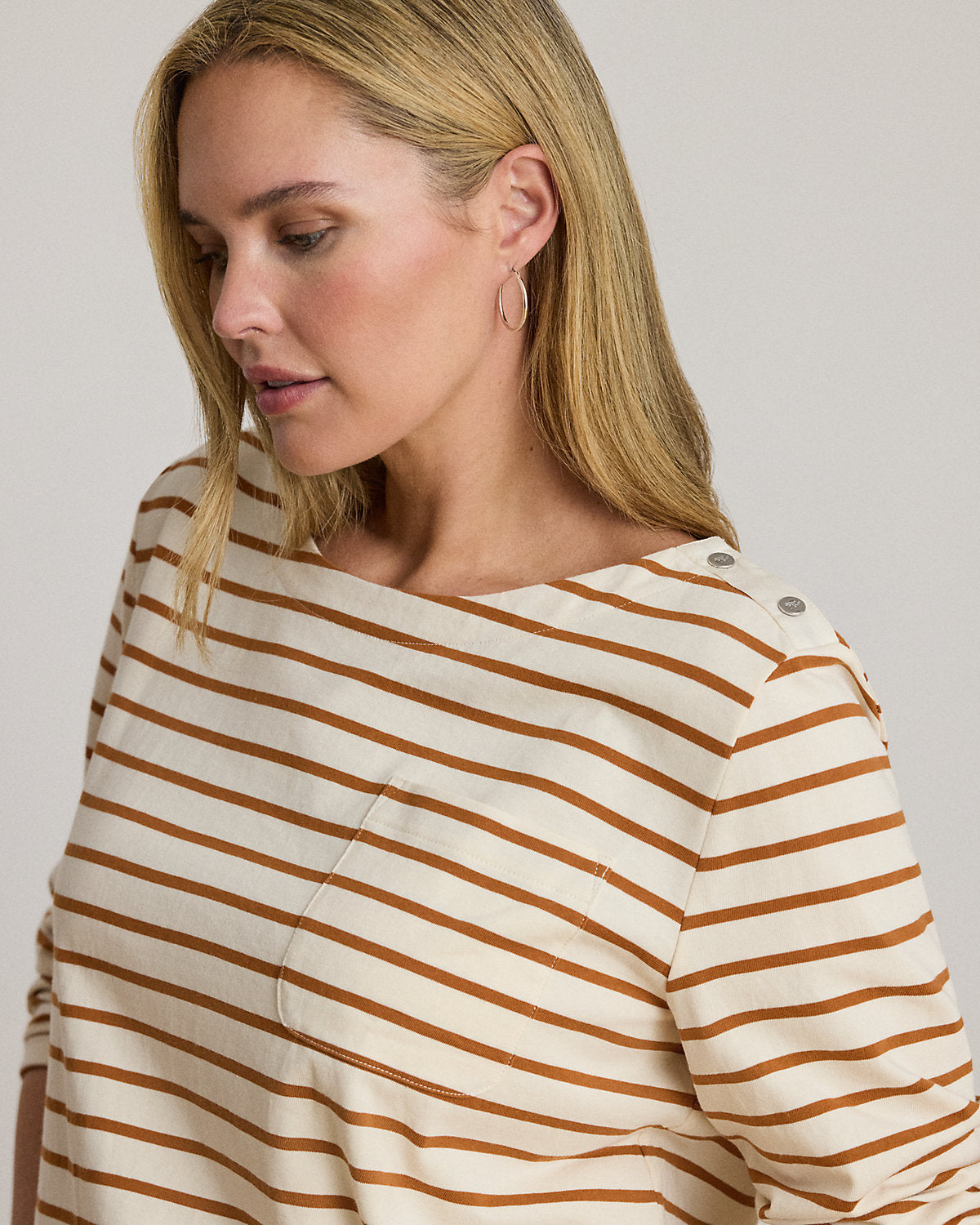 Ralph Lauren Striped Jersey SnapTrim Boatneck Top