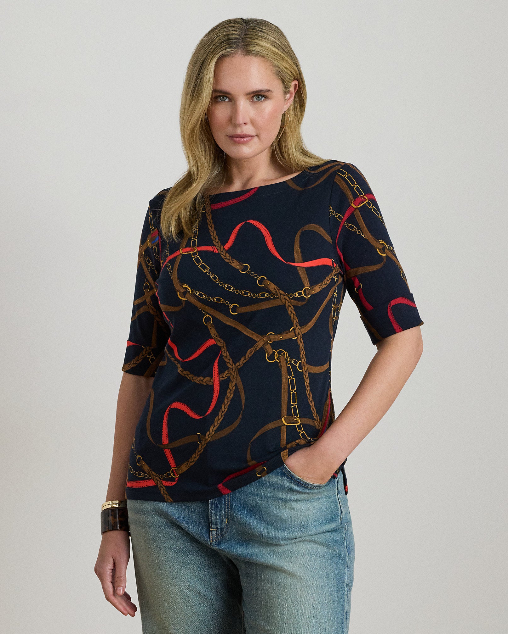 Ralph Lauren BeltingPrint Cotton Boatneck Tee