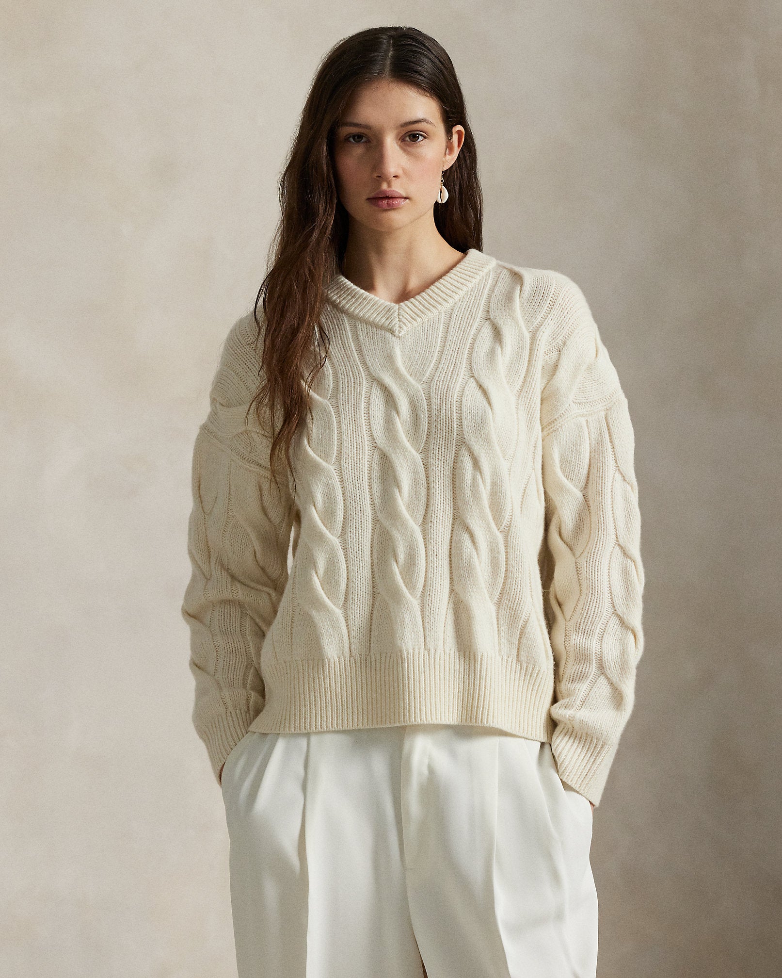 Ralph Lauren CableKnit WoolCashmere VNeck Sweater