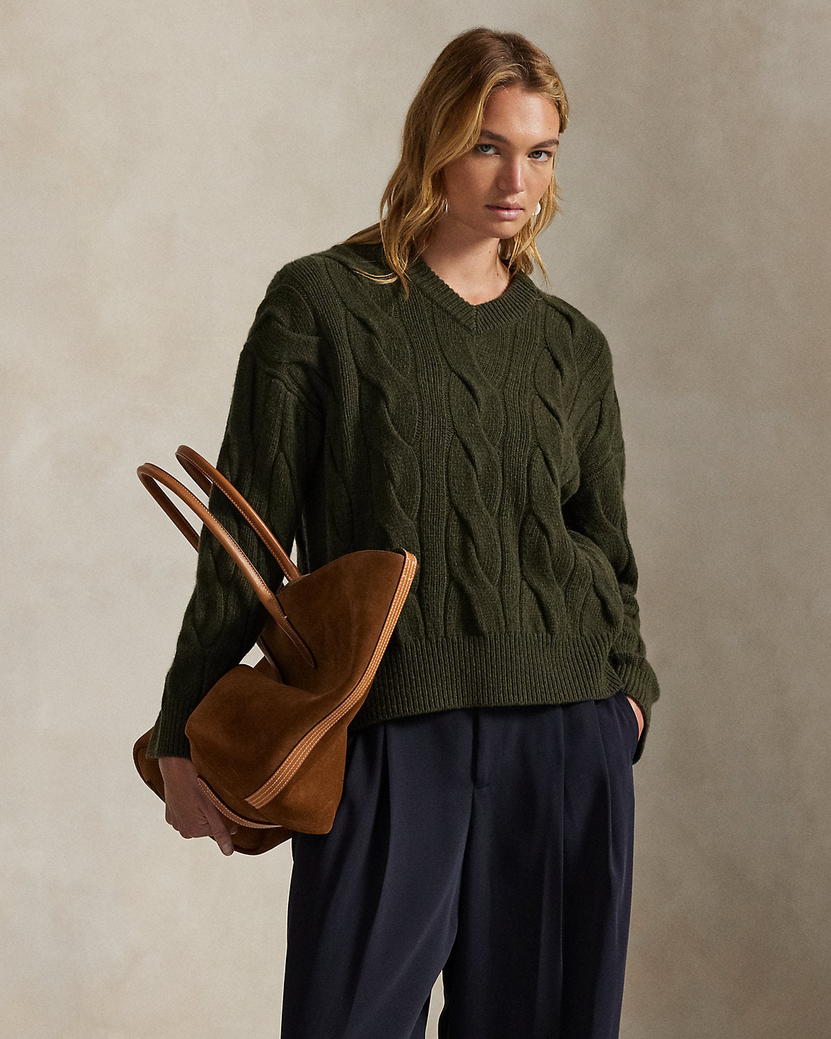 Ralph Lauren CableKnit WoolCashmere VNeck Sweater