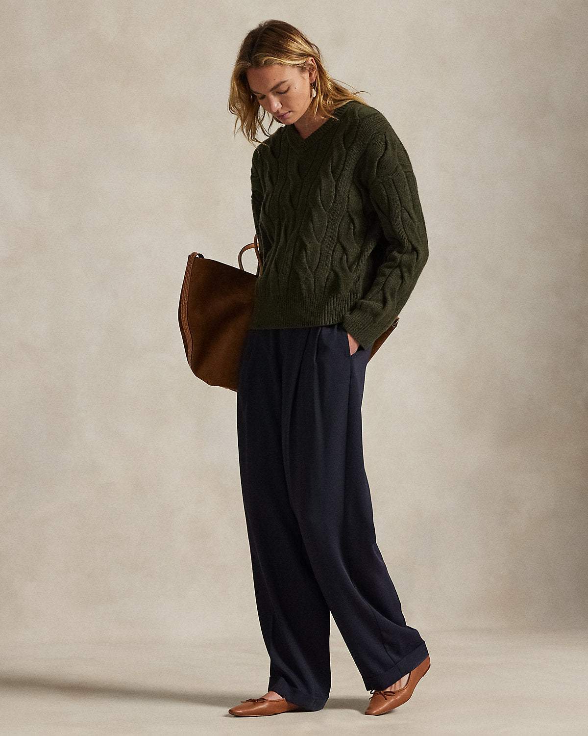 Ralph Lauren CableKnit WoolCashmere VNeck Sweater