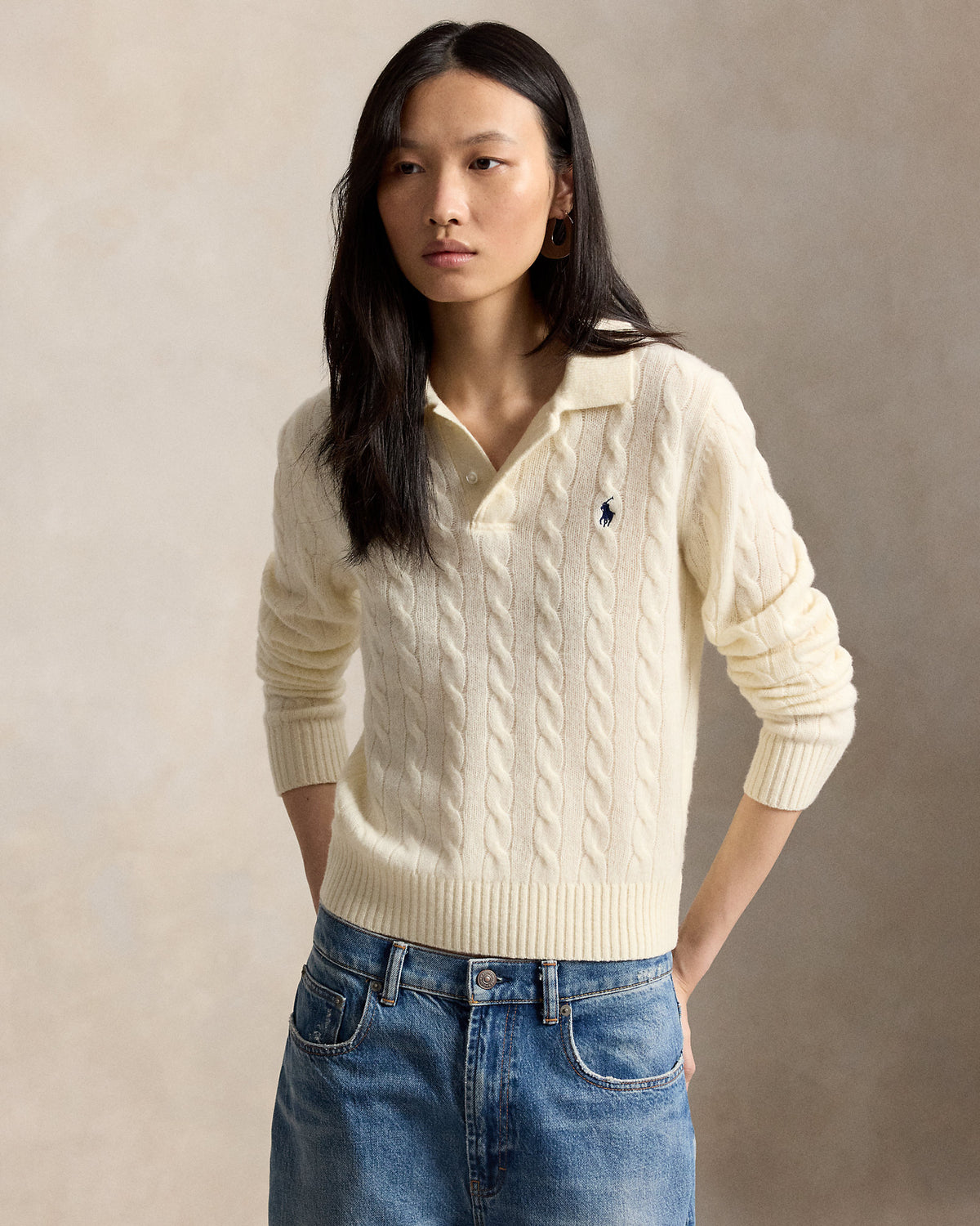 Ralph Lauren CableKnit WoolCashmere Polo Sweater