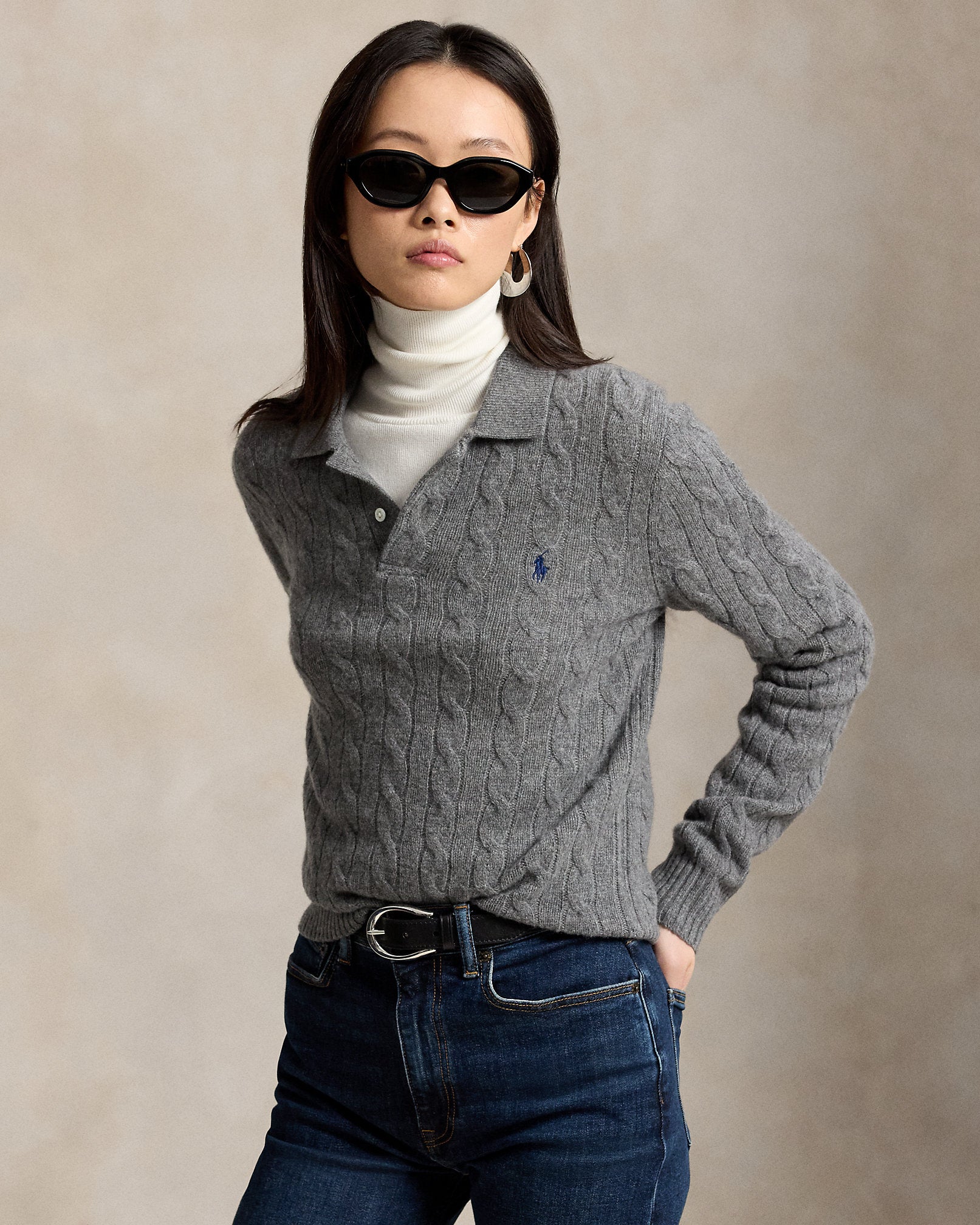 Ralph Lauren CableKnit WoolCashmere Polo Sweater