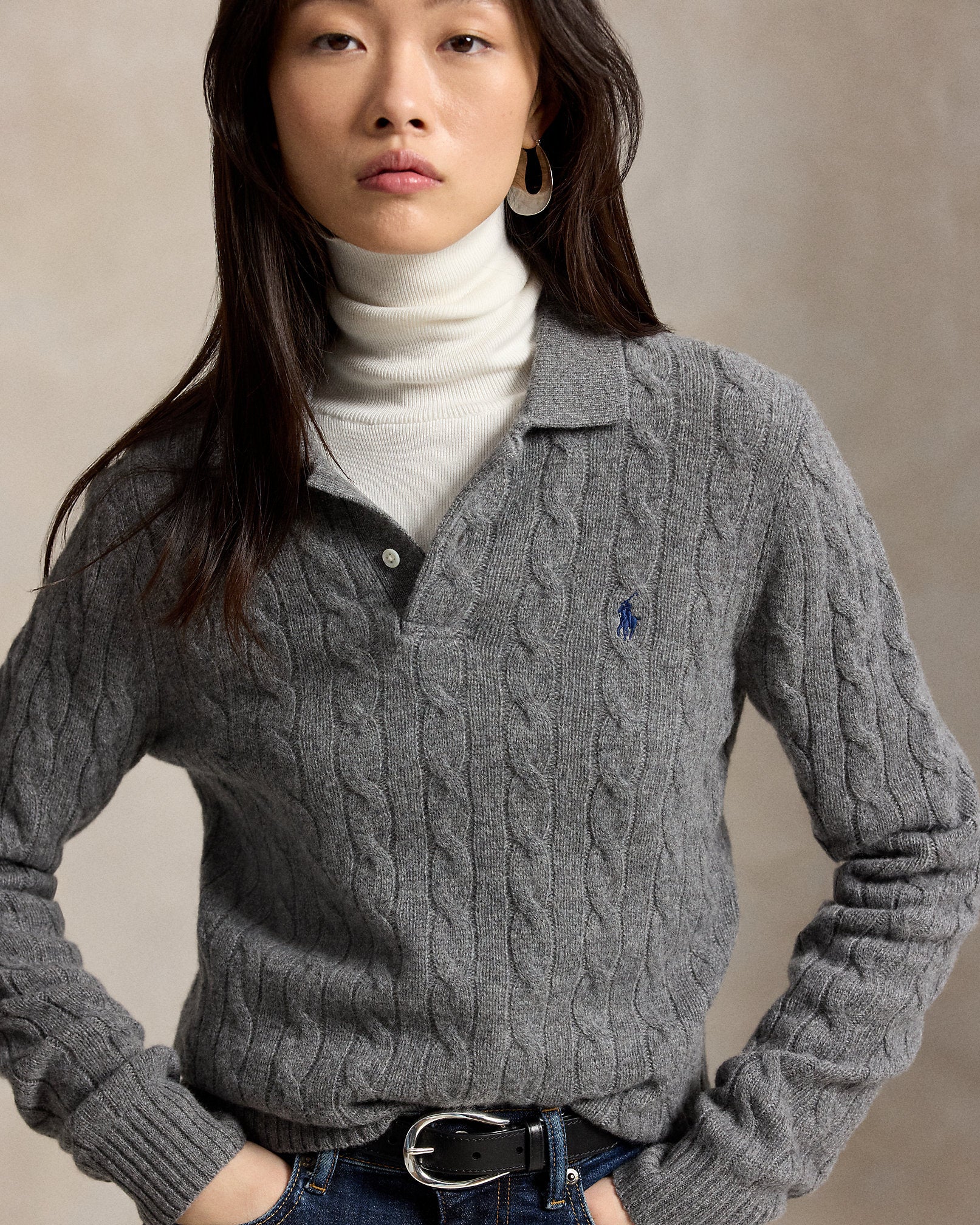 Ralph Lauren CableKnit WoolCashmere Polo Sweater