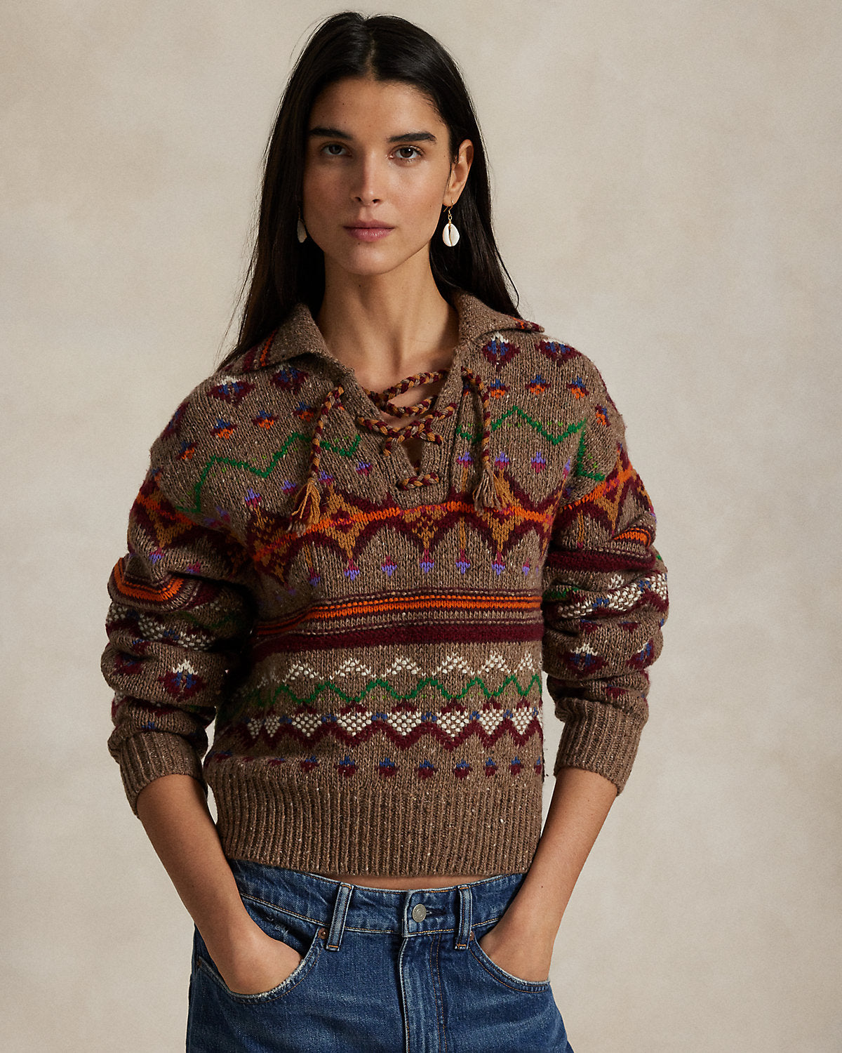 Ralph Lauren Fair Isle LaceUp Wool Sweater