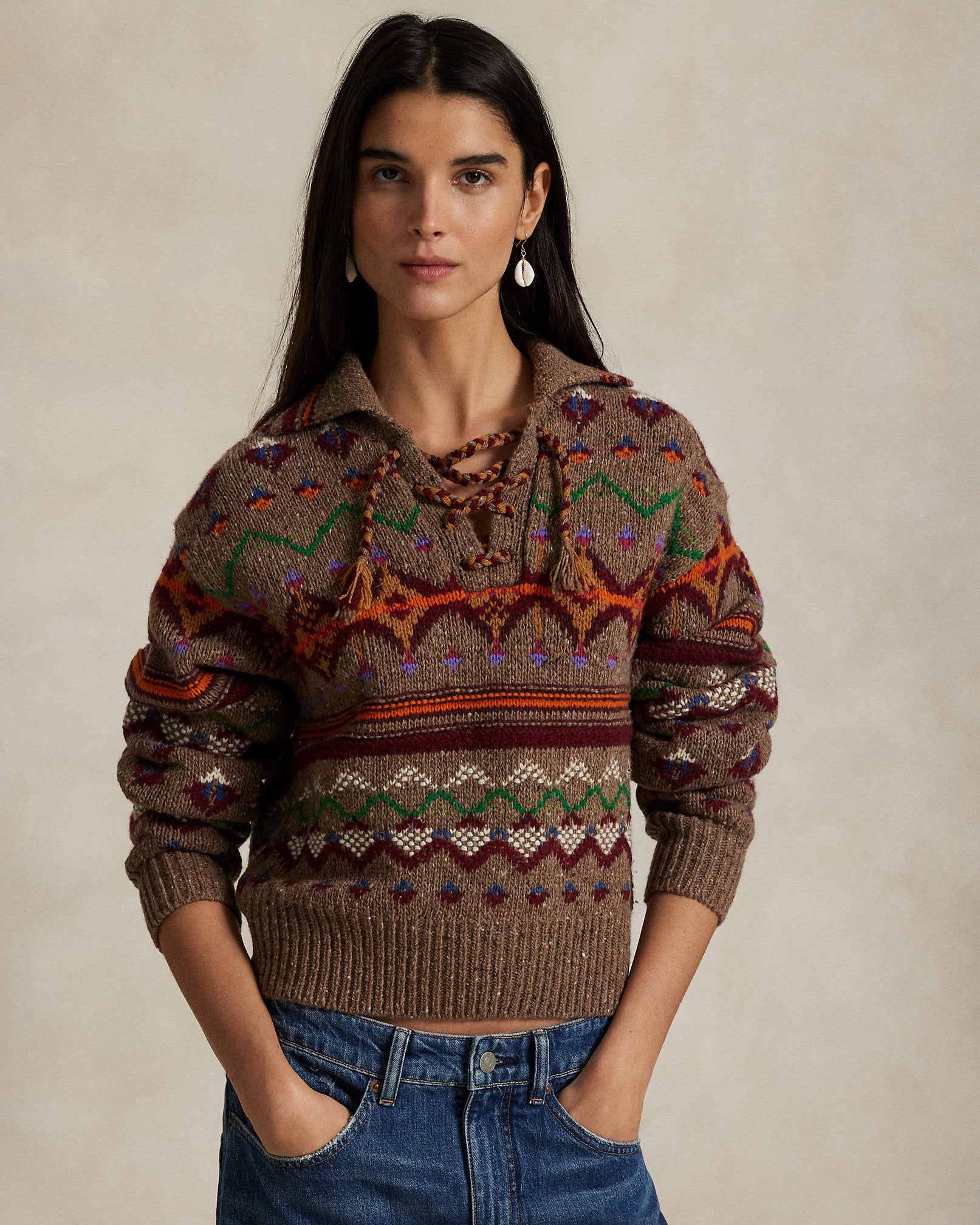 Ralph Lauren Fair Isle LaceUp Wool Sweater