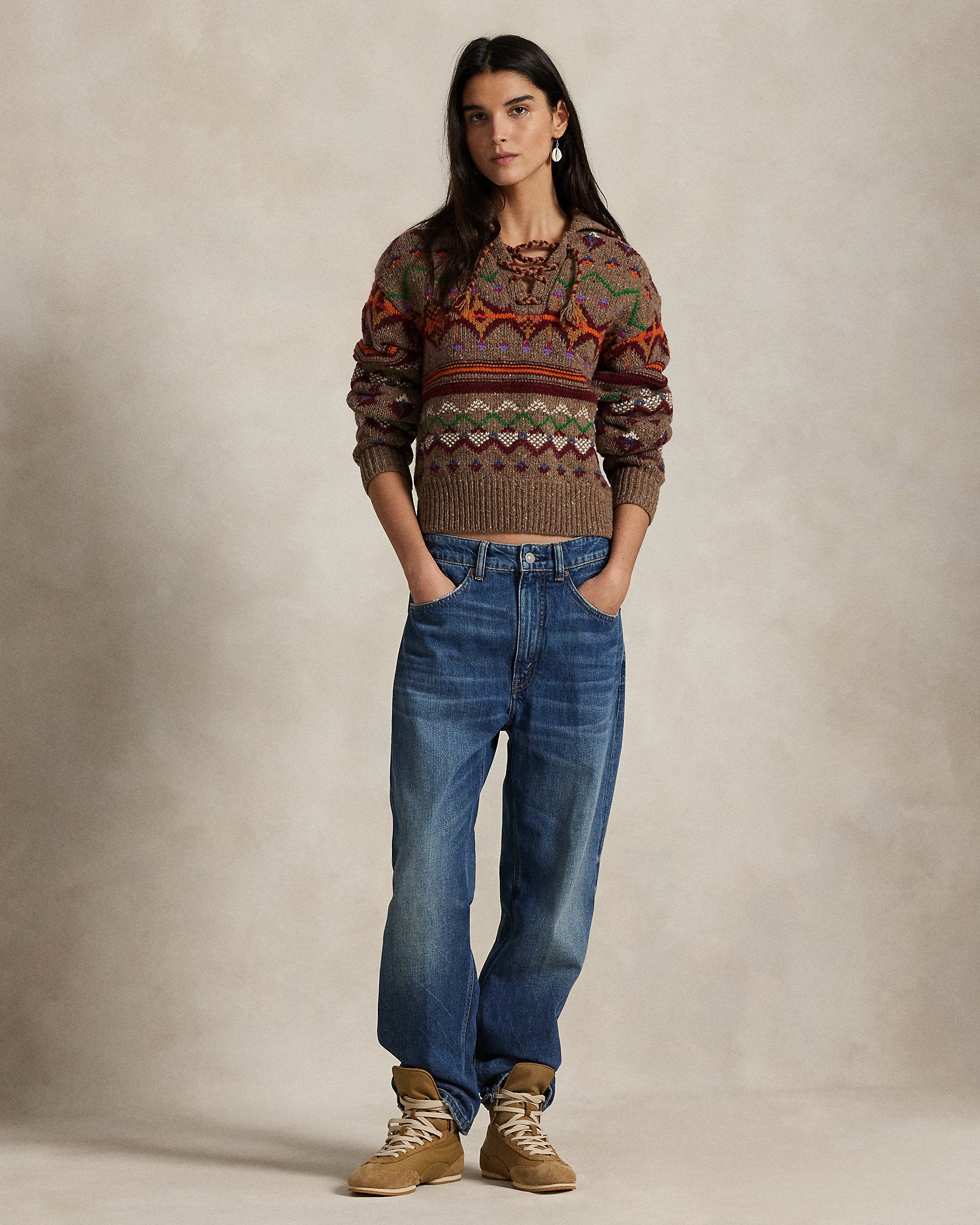 Ralph Lauren Fair Isle LaceUp Wool Sweater