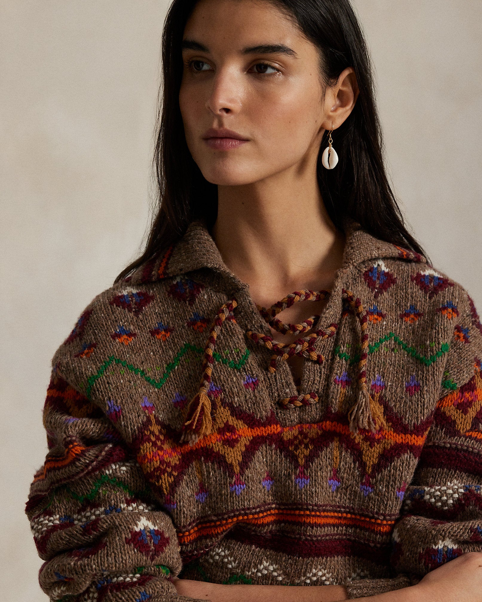 Ralph Lauren Fair Isle LaceUp Wool Sweater