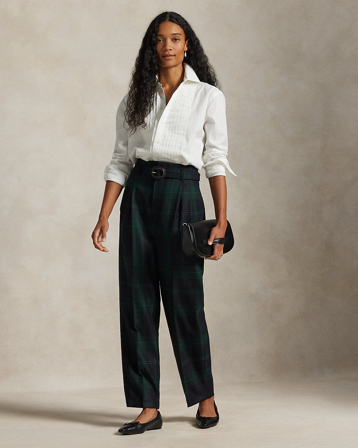 Ralph Lauren Belted Plaid Wool Pleated Tapered Pant
