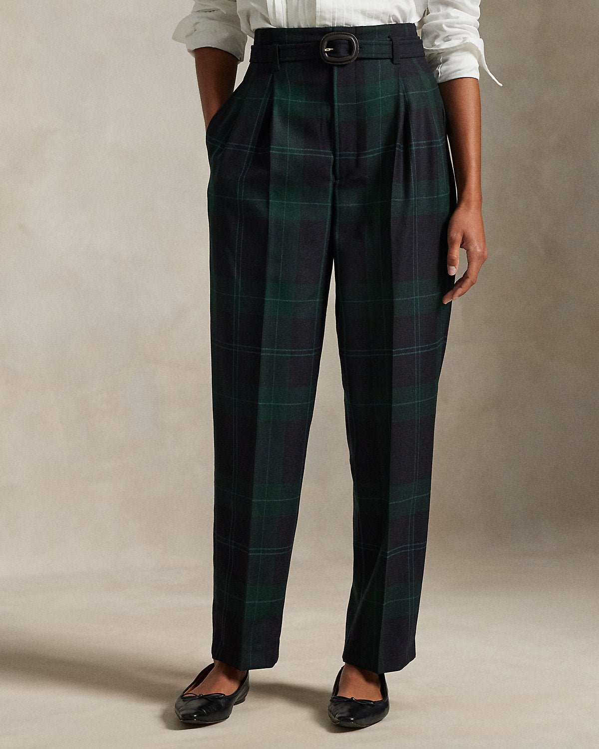 Ralph Lauren Belted Plaid Wool Pleated Tapered Pant