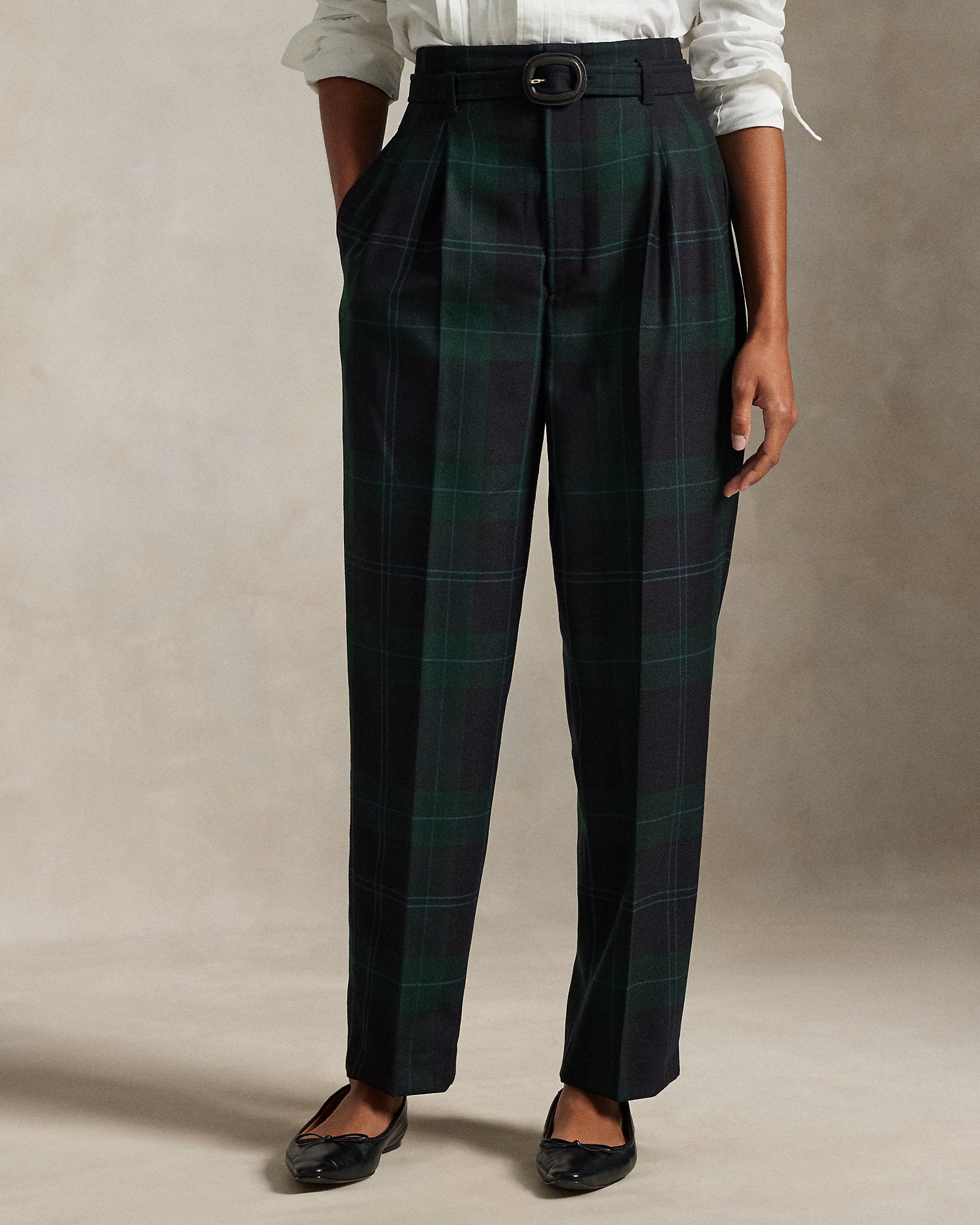 Ralph Lauren Belted Plaid Wool Pleated Tapered Pant