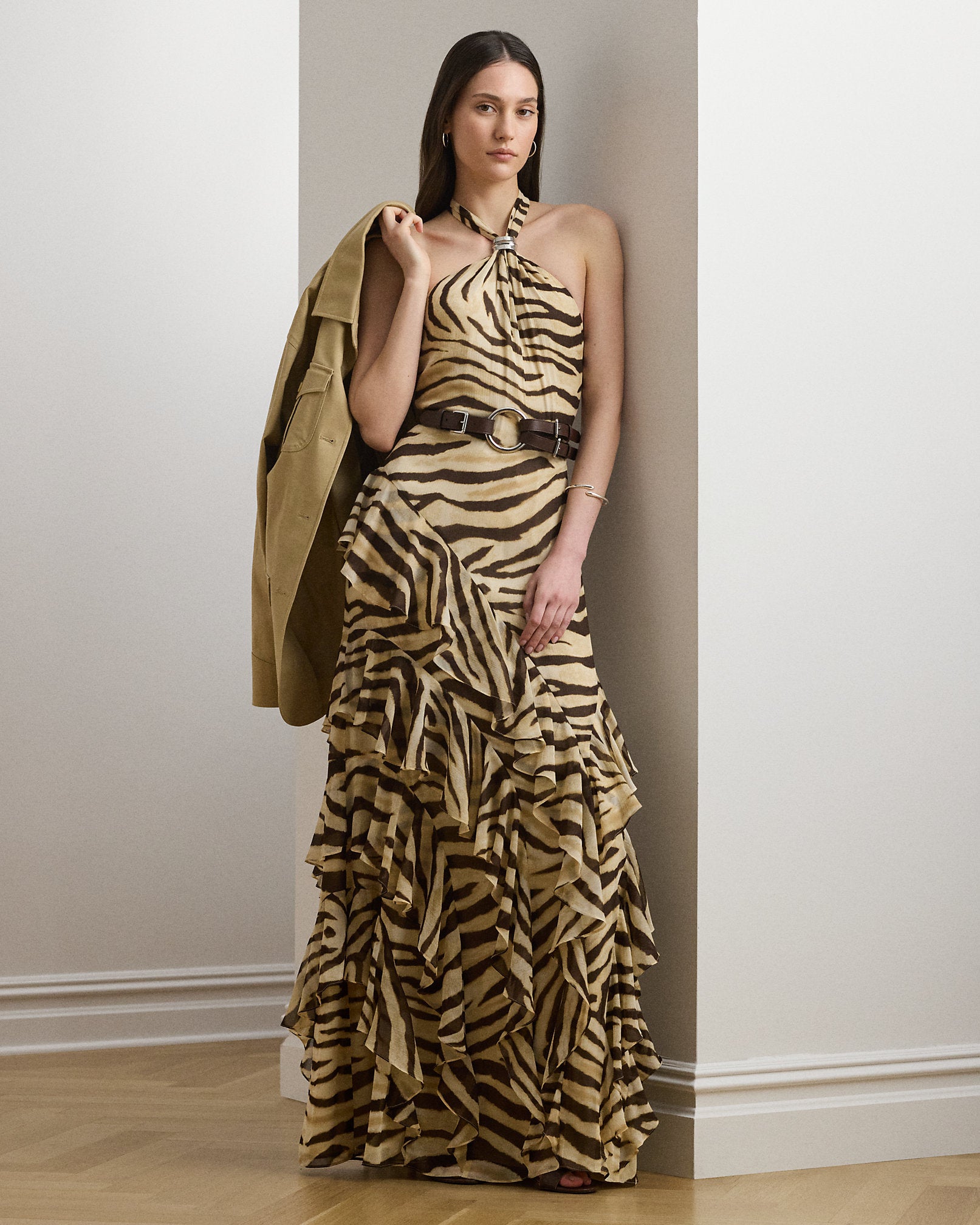 Ralph Lauren ZebraPrint RuffleTrim Georgette Gown