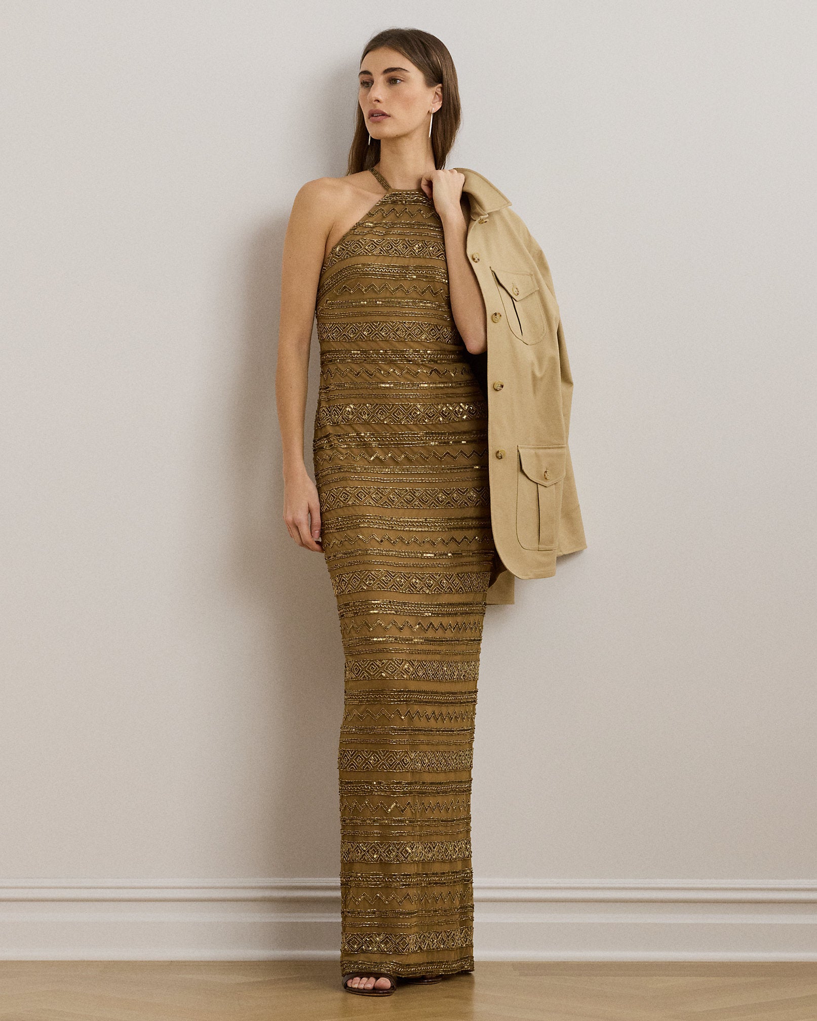 Ralph Lauren Beaded Mesh Halter Gown