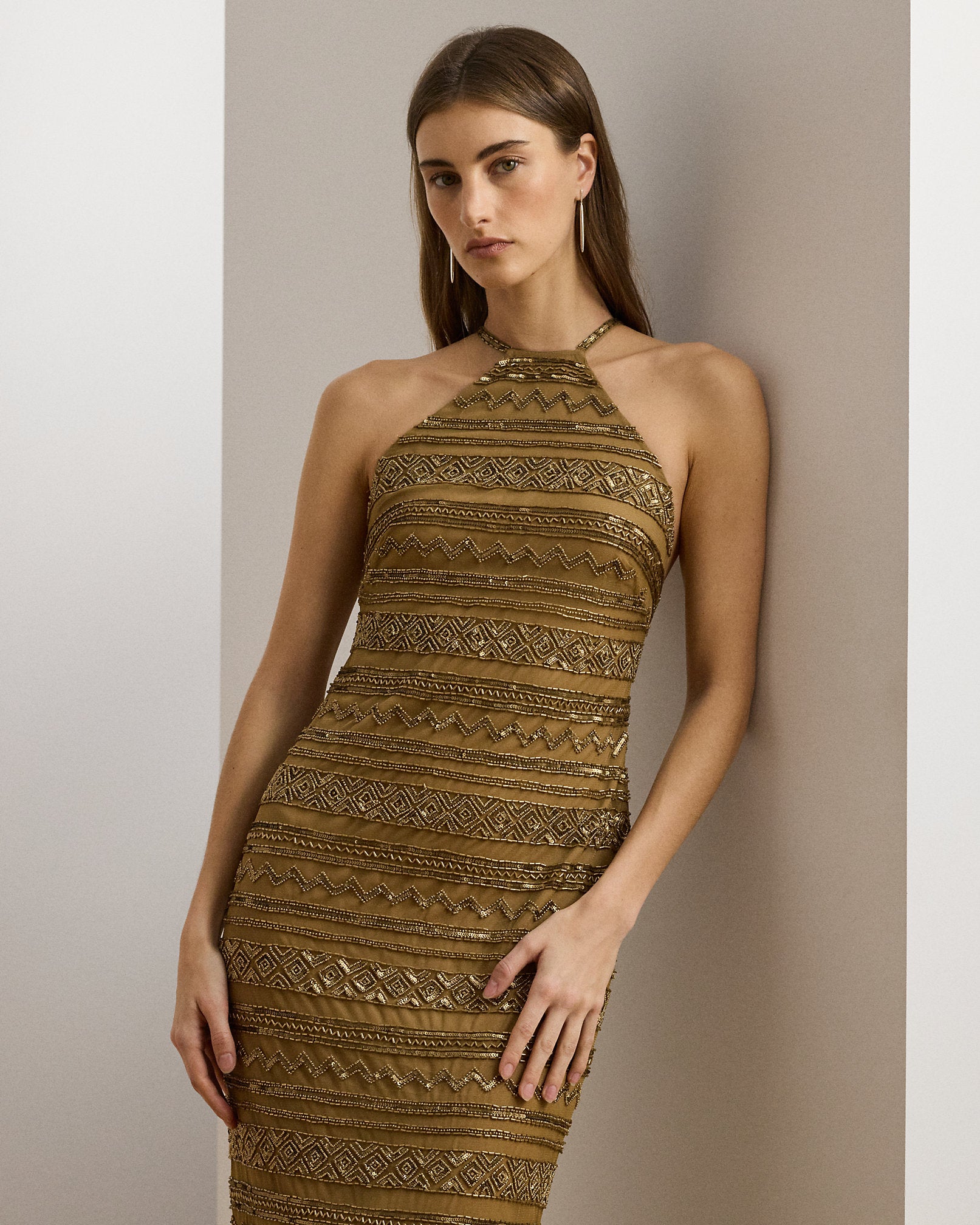 Ralph Lauren Beaded Mesh Halter Gown