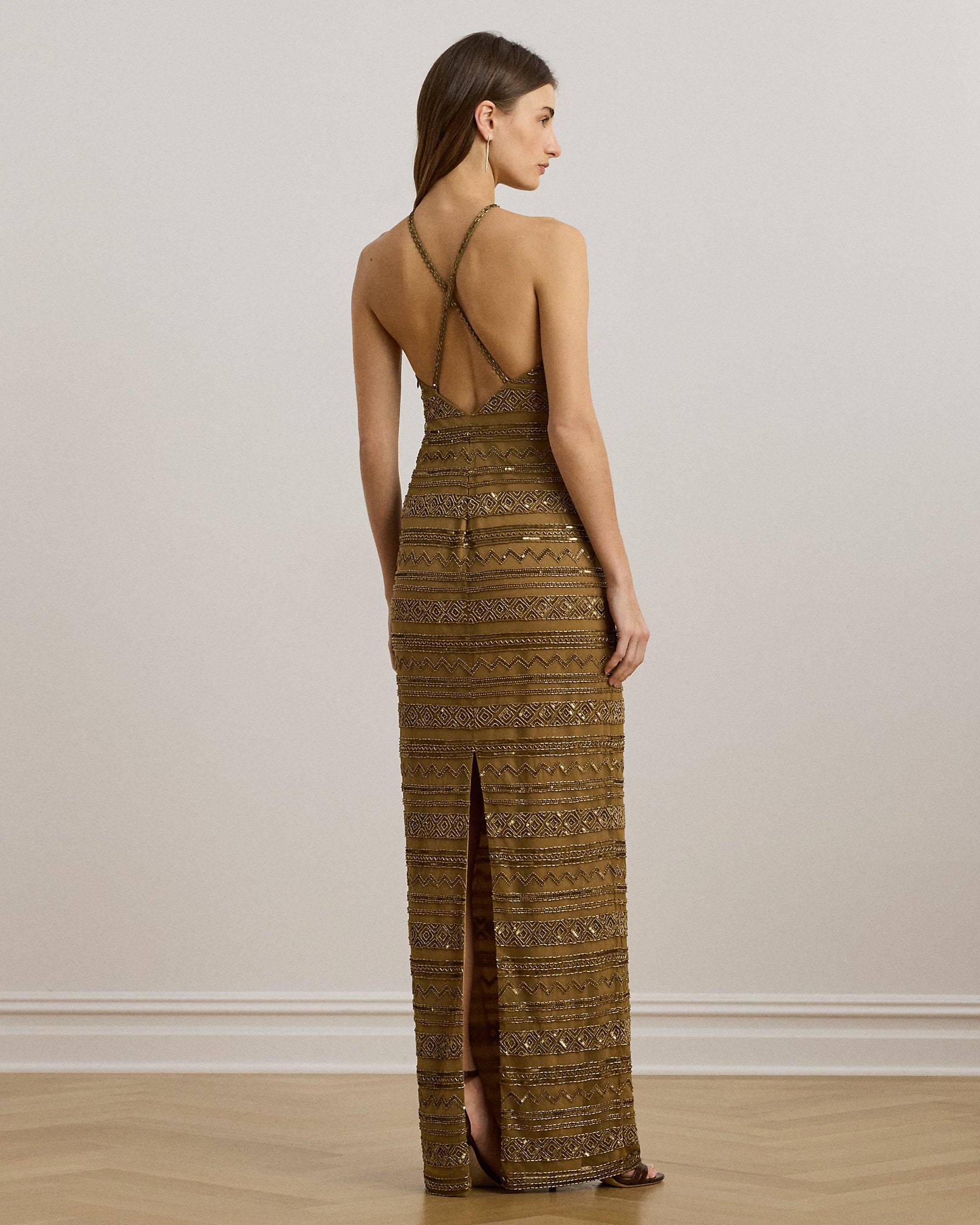 Ralph Lauren Beaded Mesh Halter Gown