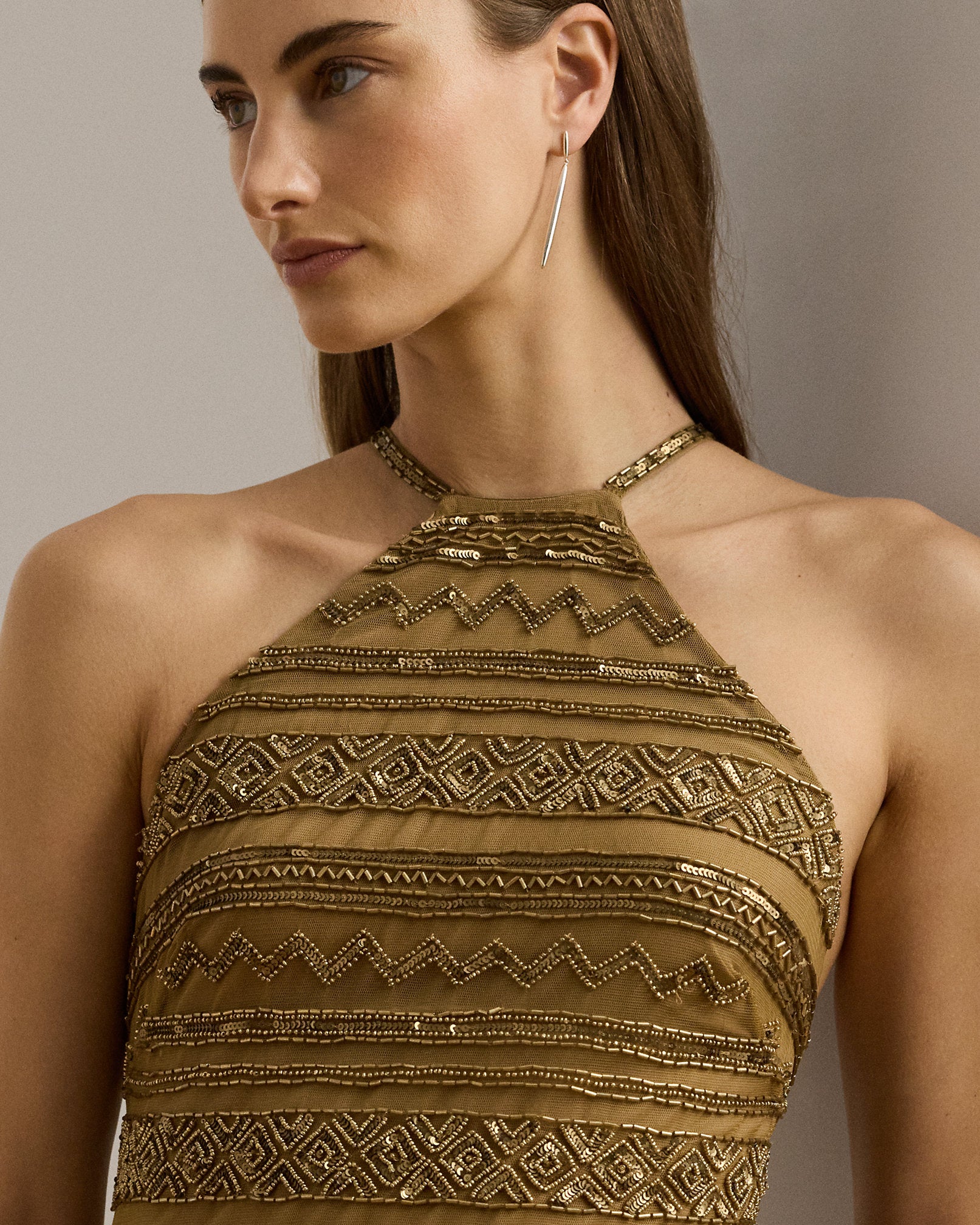 Ralph Lauren Beaded Mesh Halter Gown