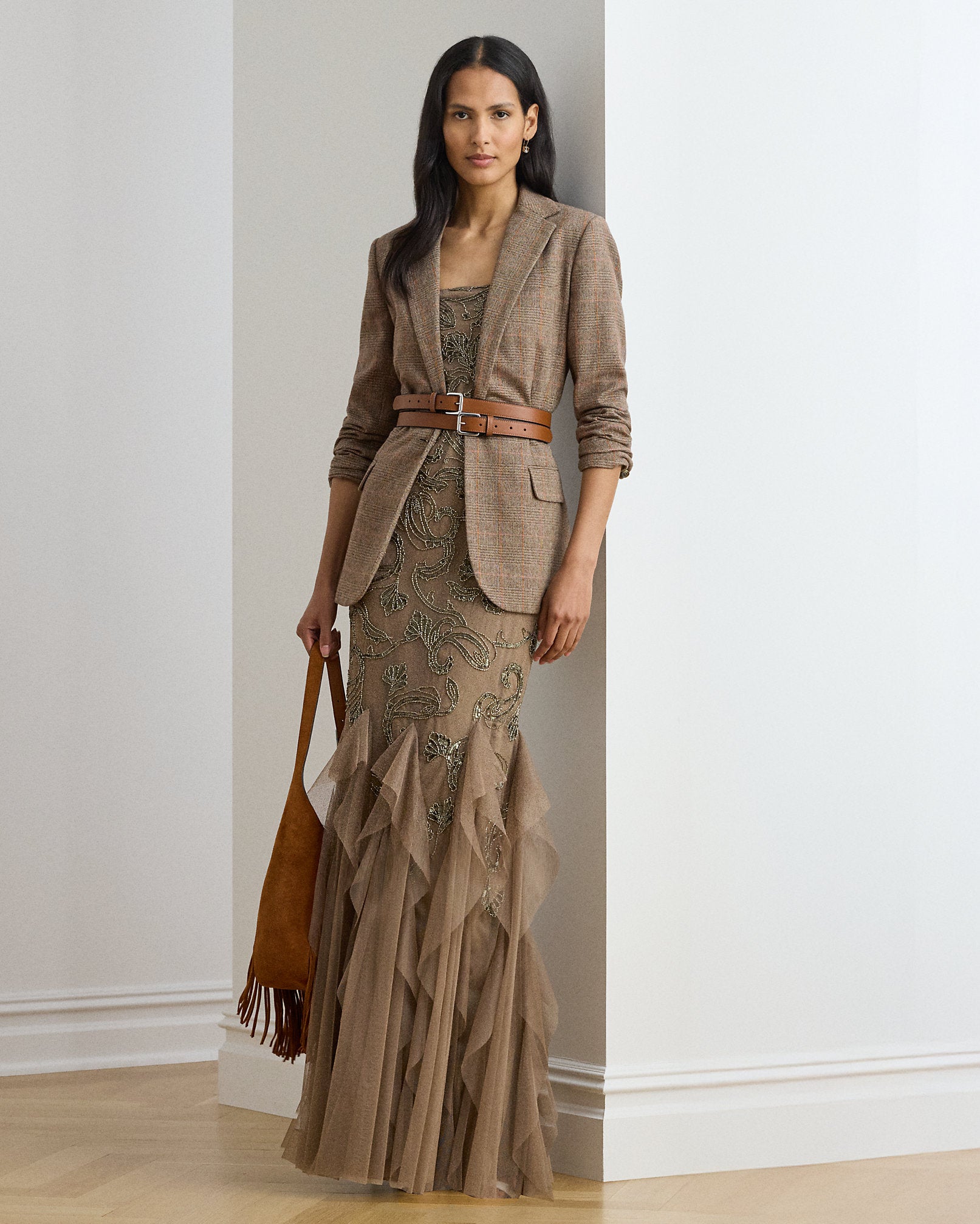 Ralph Lauren RuffleTrim PaisleyBeaded Tulle Gown