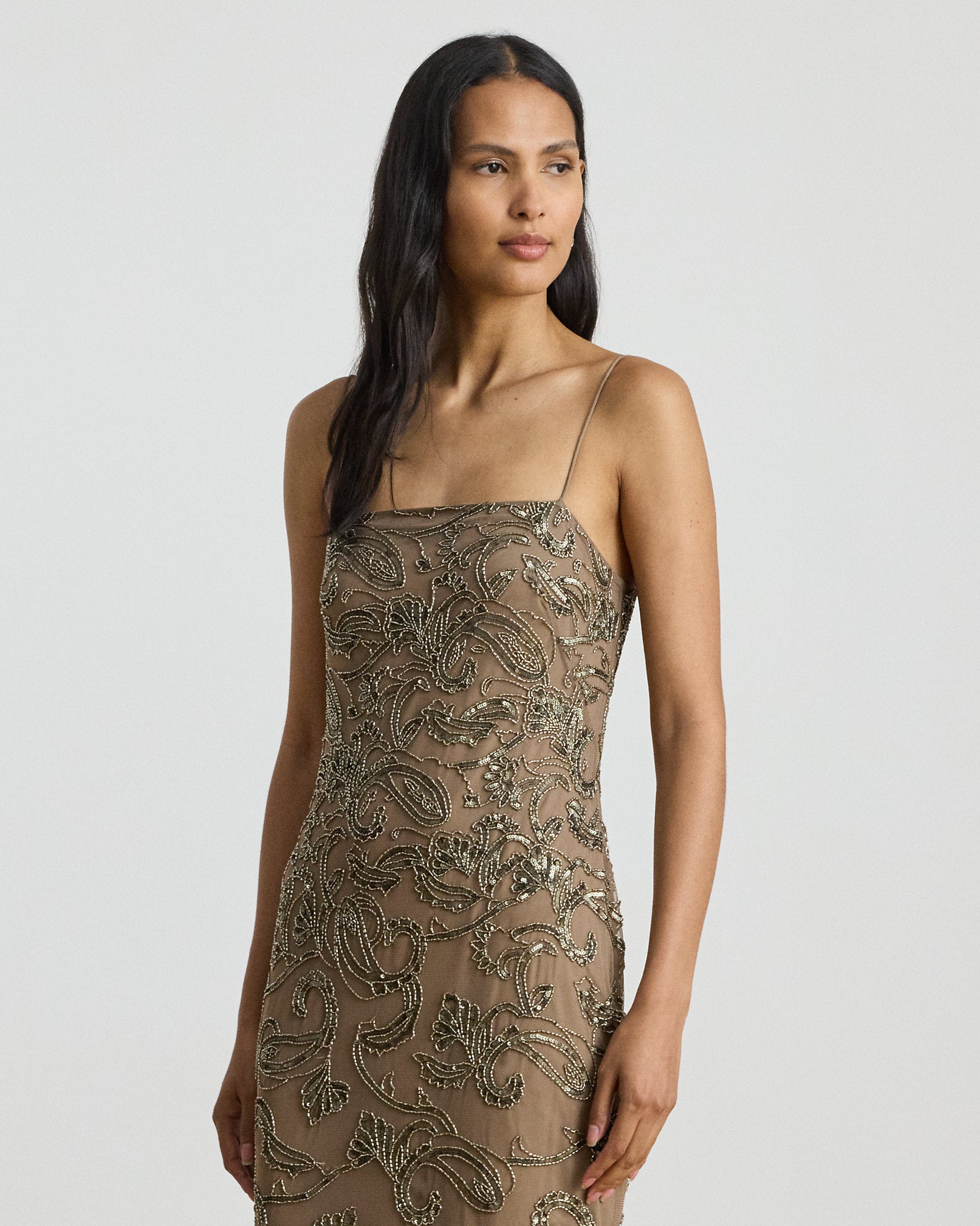 Ralph Lauren RuffleTrim PaisleyBeaded Tulle Gown