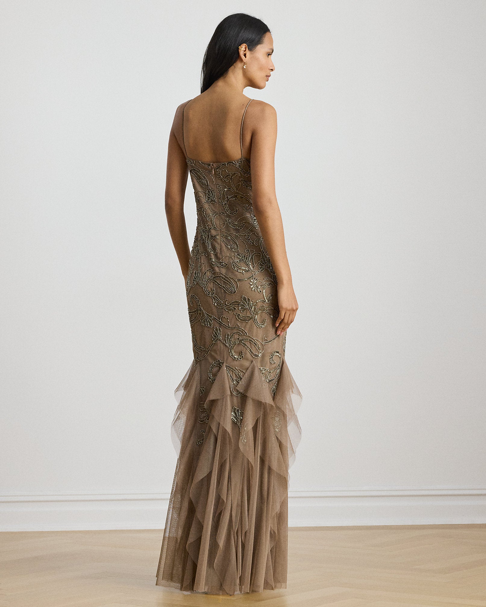 Ralph Lauren RuffleTrim PaisleyBeaded Tulle Gown