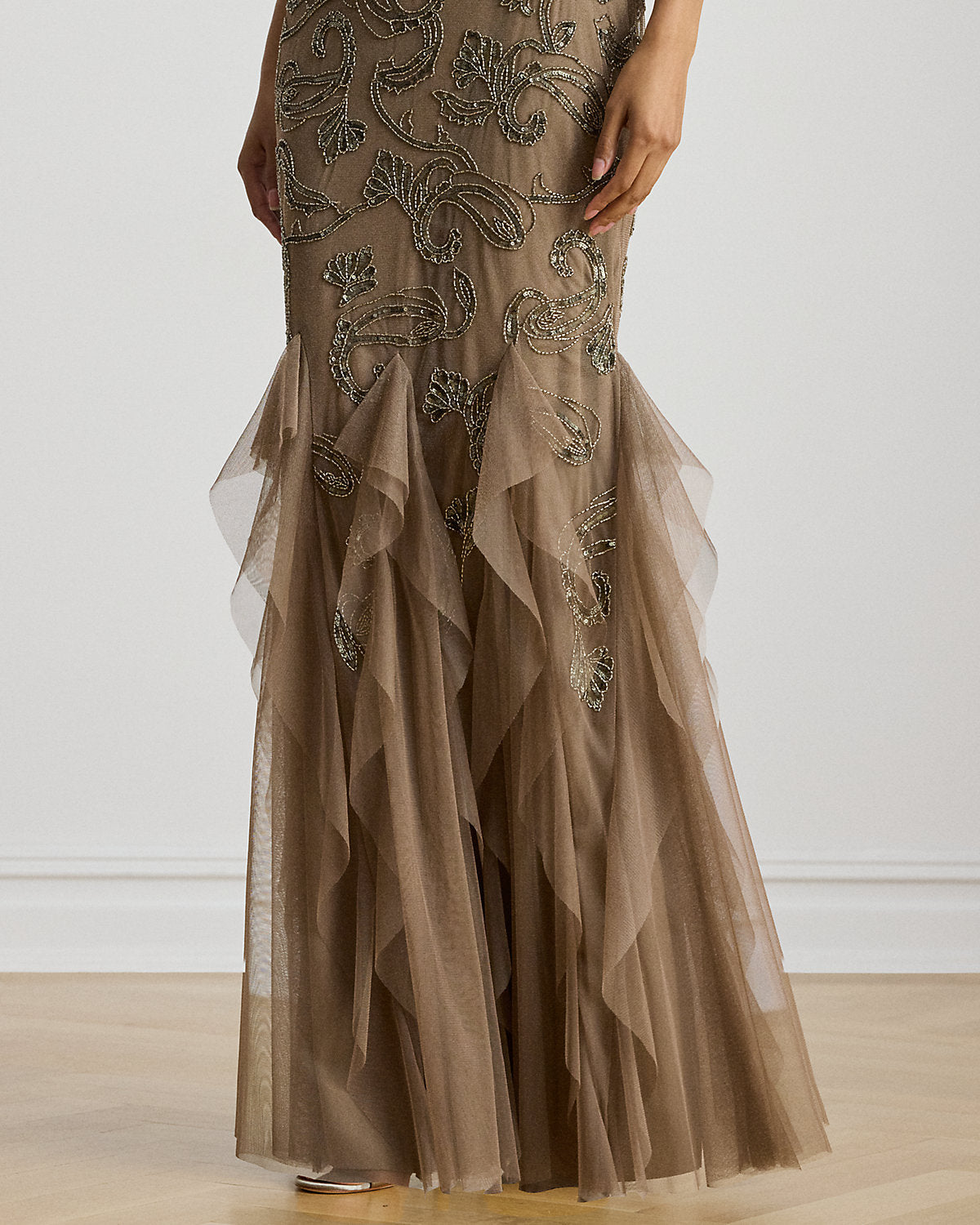 Ralph Lauren RuffleTrim PaisleyBeaded Tulle Gown
