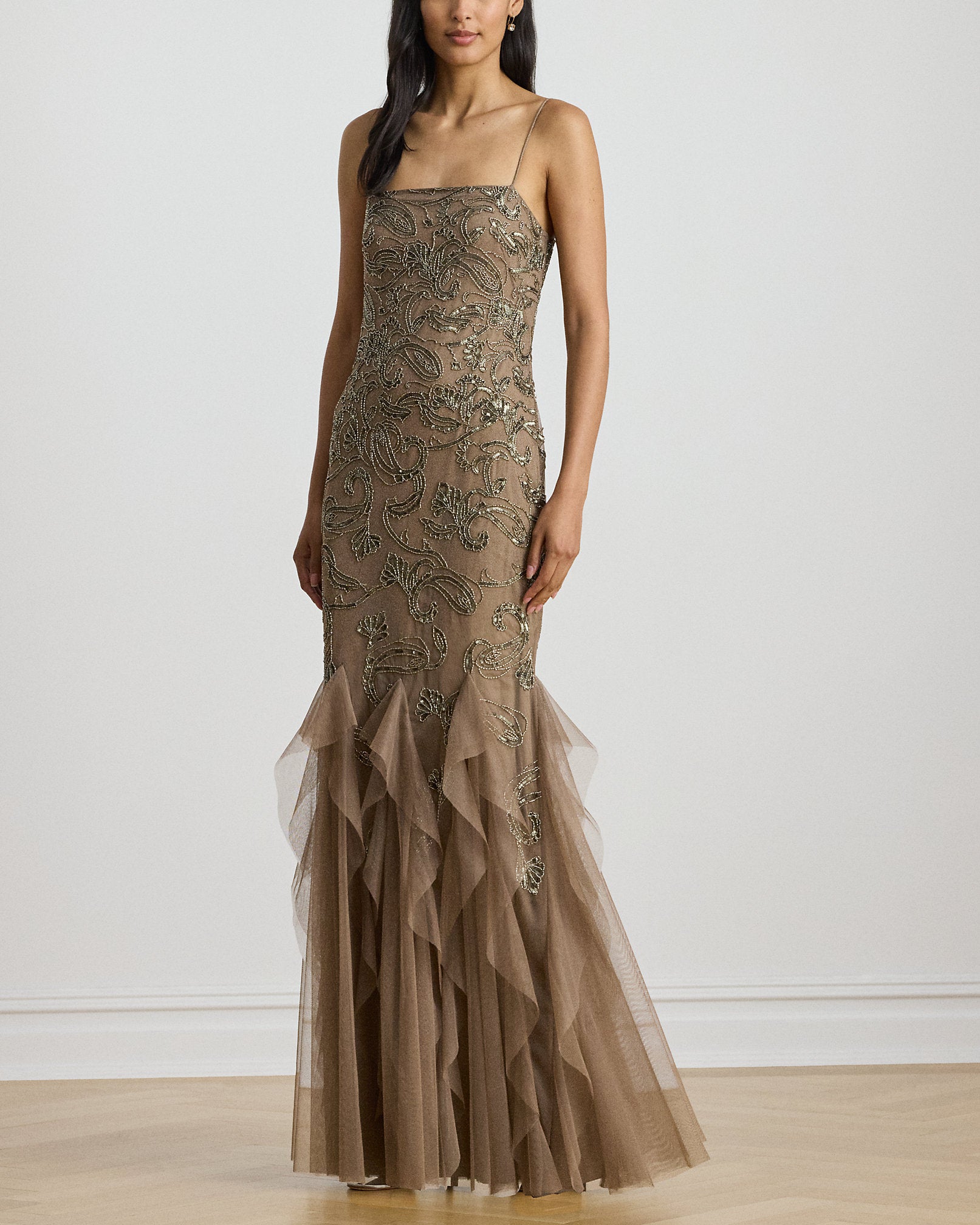 Ralph Lauren RuffleTrim PaisleyBeaded Tulle Gown