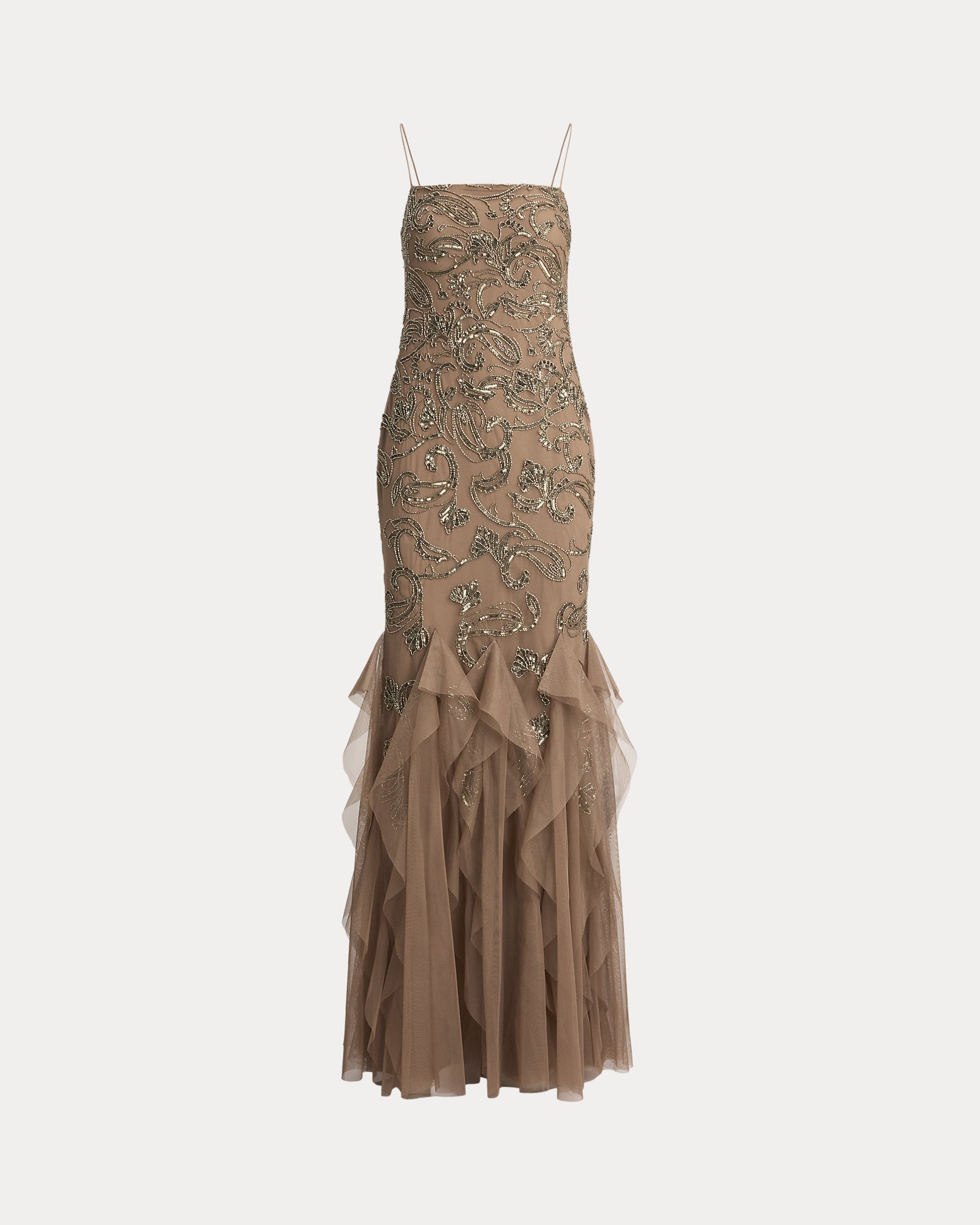 Ralph Lauren RuffleTrim PaisleyBeaded Tulle Gown
