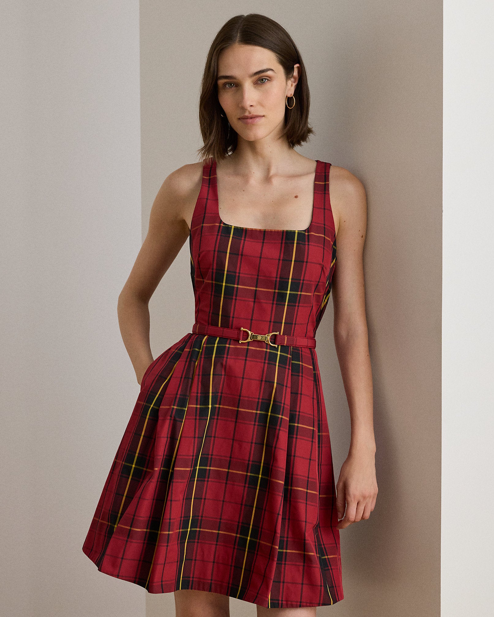 Ralph Lauren Plaid Belted Taffeta Cocktail Dress