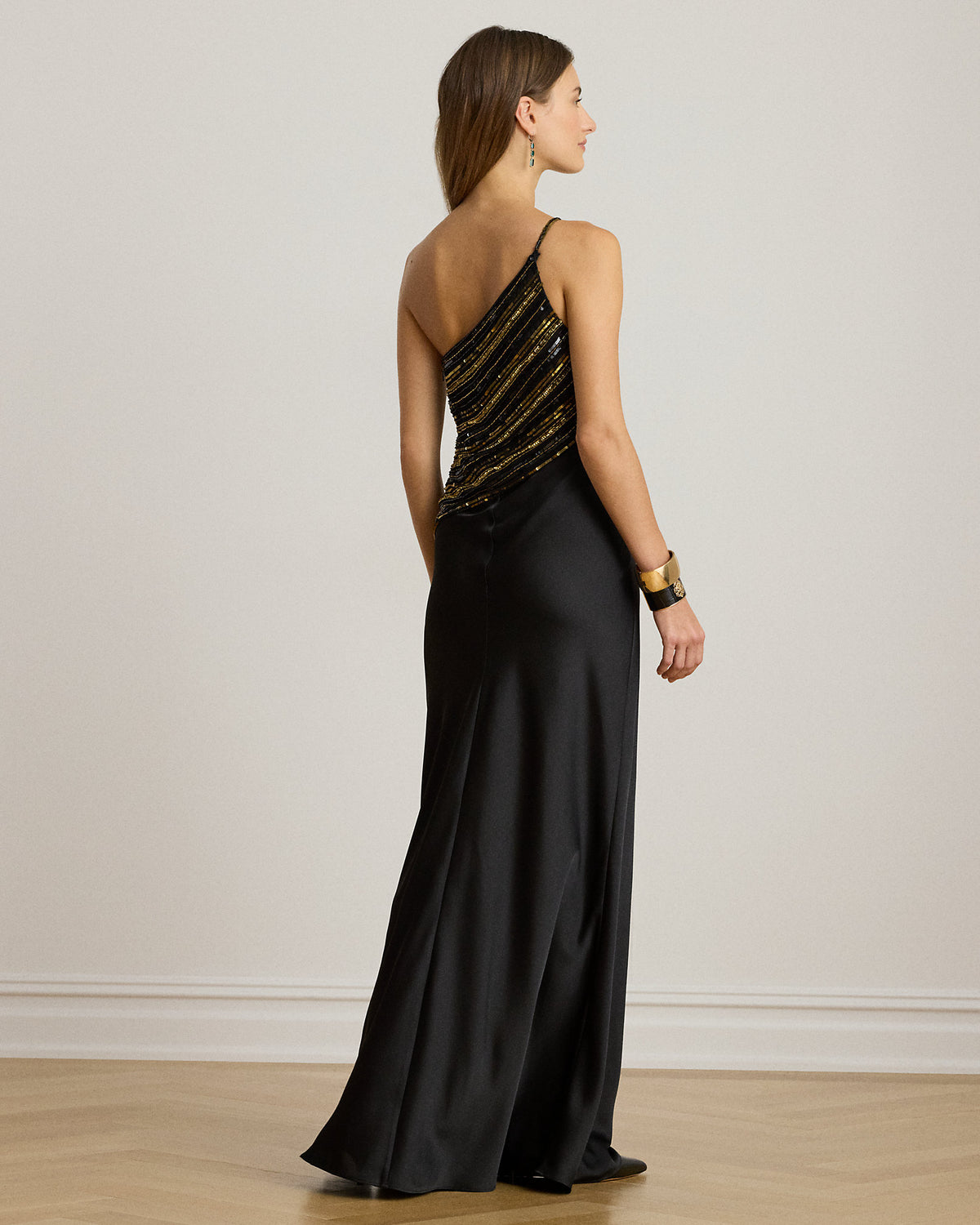 Ralph Lauren Beaded Mesh Satin OneShoulder Gown