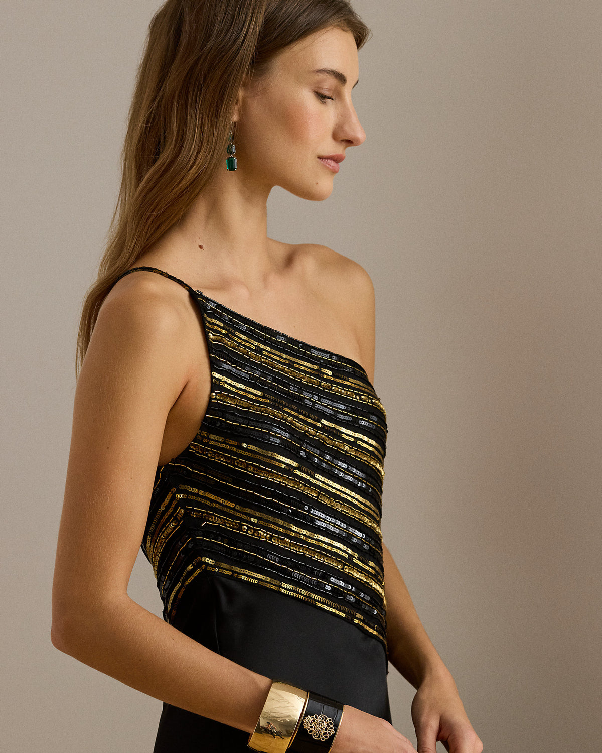 Ralph Lauren Beaded Mesh Satin OneShoulder Gown