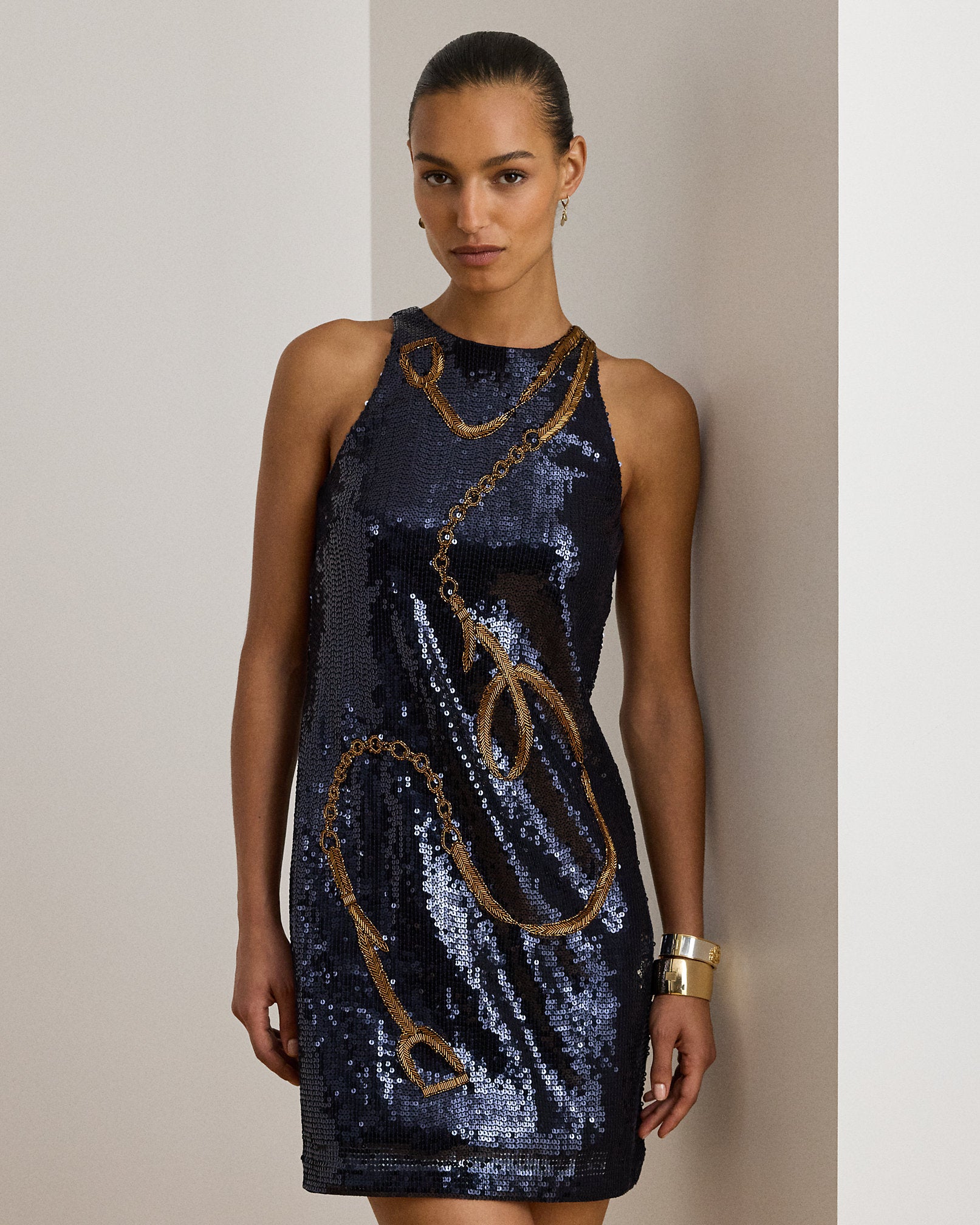 Ralph Lauren BeltingMotif Sequined Cocktail Dress