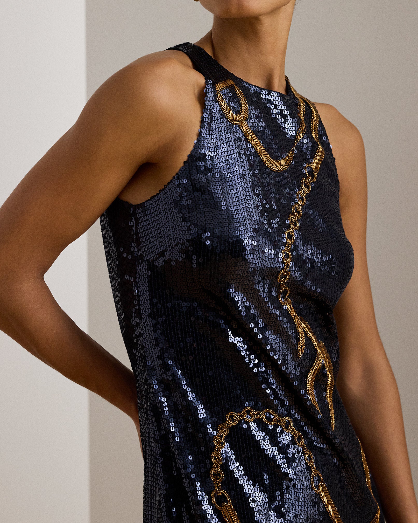 Ralph Lauren BeltingMotif Sequined Cocktail Dress