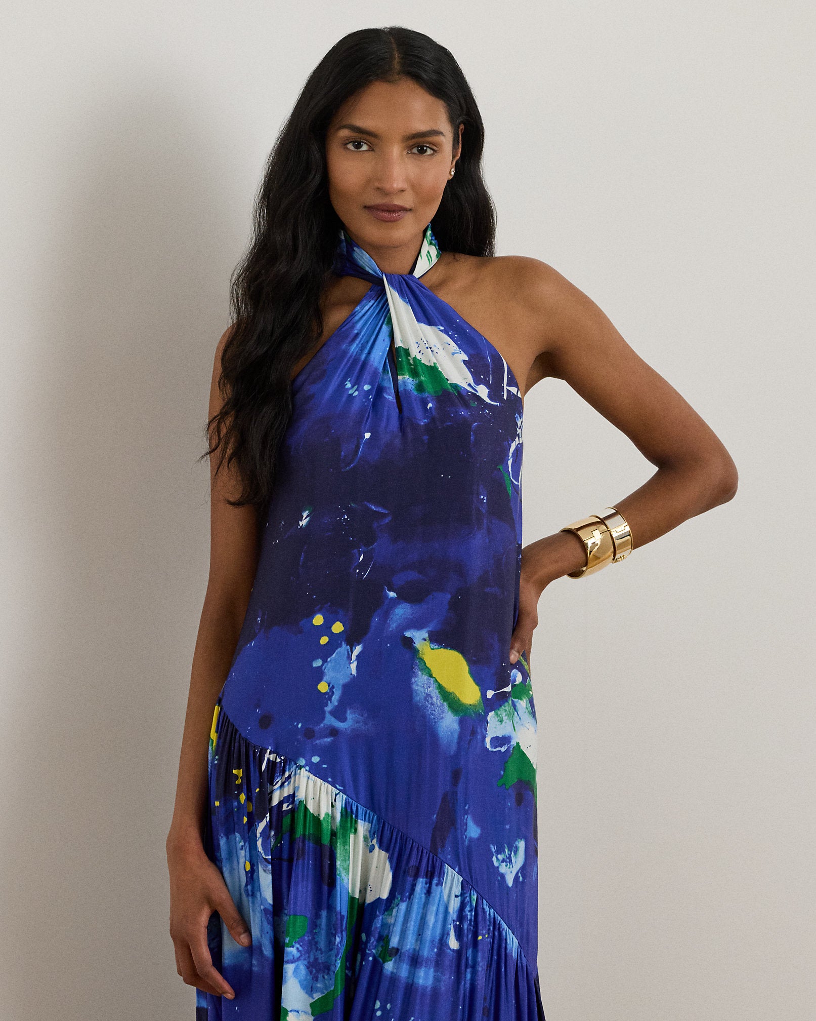 Ralph Lauren AbstractPrint Shantung Halter Gown