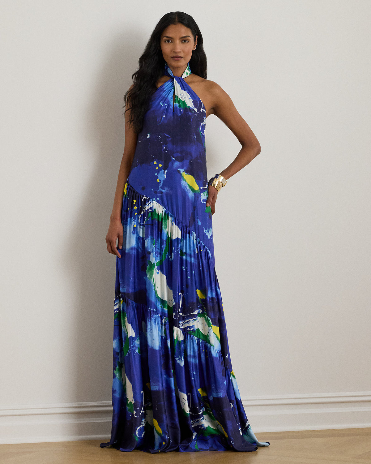 Ralph Lauren AbstractPrint Shantung Halter Gown